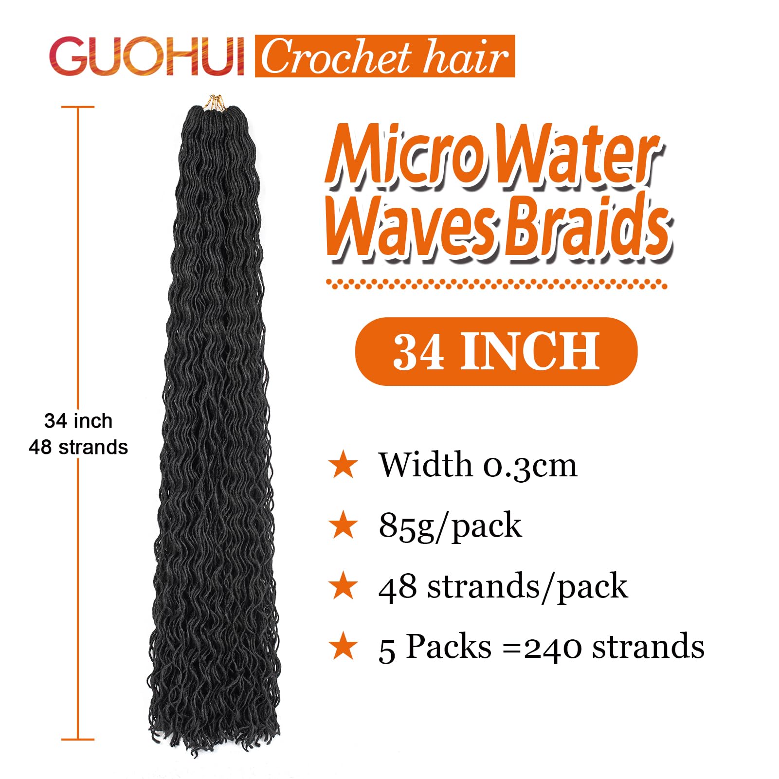 Guohui Micro Water Waves Braids, Thin Wavy Dreadlocks Extension Color Jet Black 34 Inch 5 Packs Mini Locs (34   ,1#)