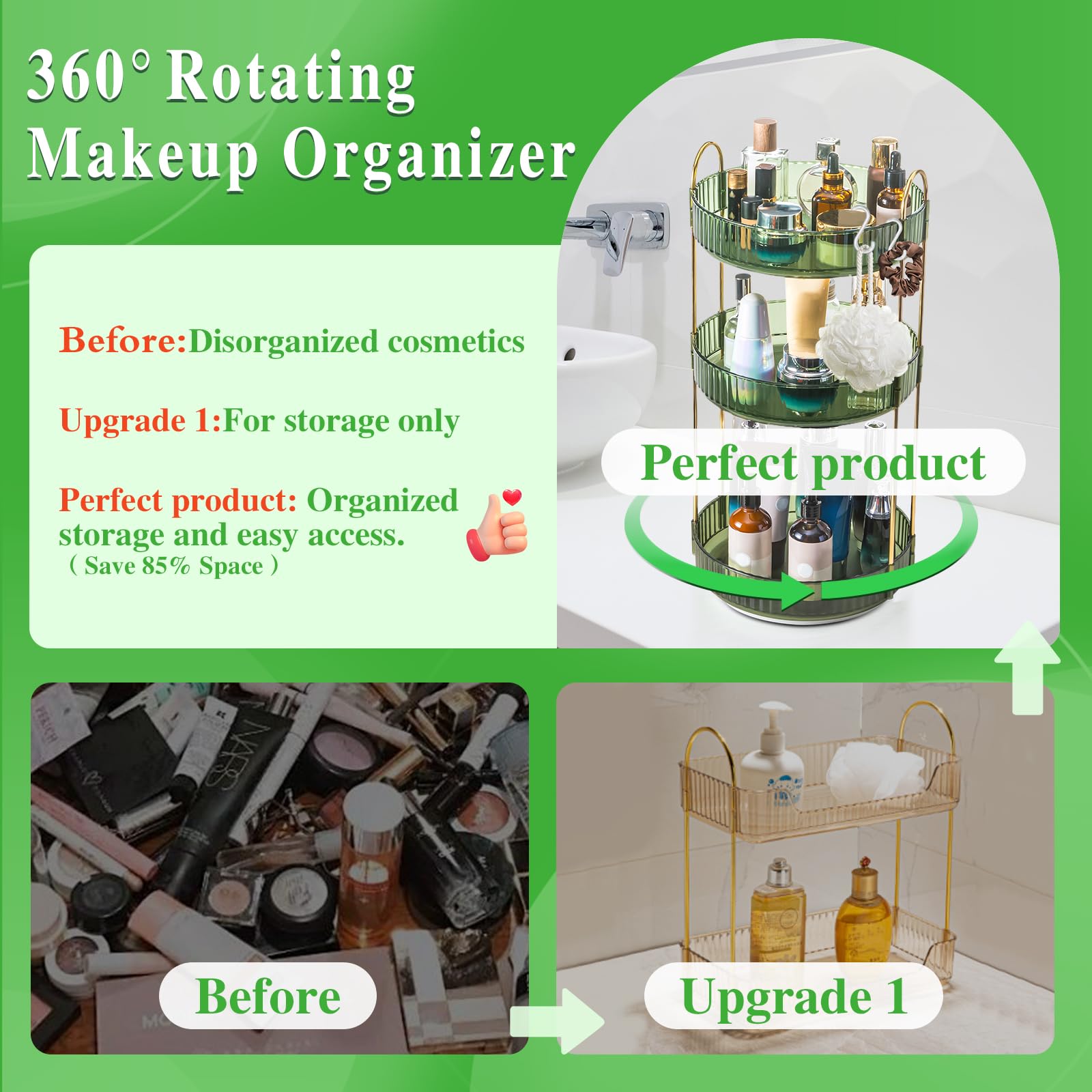 Megapuxin Makeup Organizer For Vanity,360 Rotating Lazy Susan Organizer Large Skincare Make Up Storage Cosmetic Dresser Organize