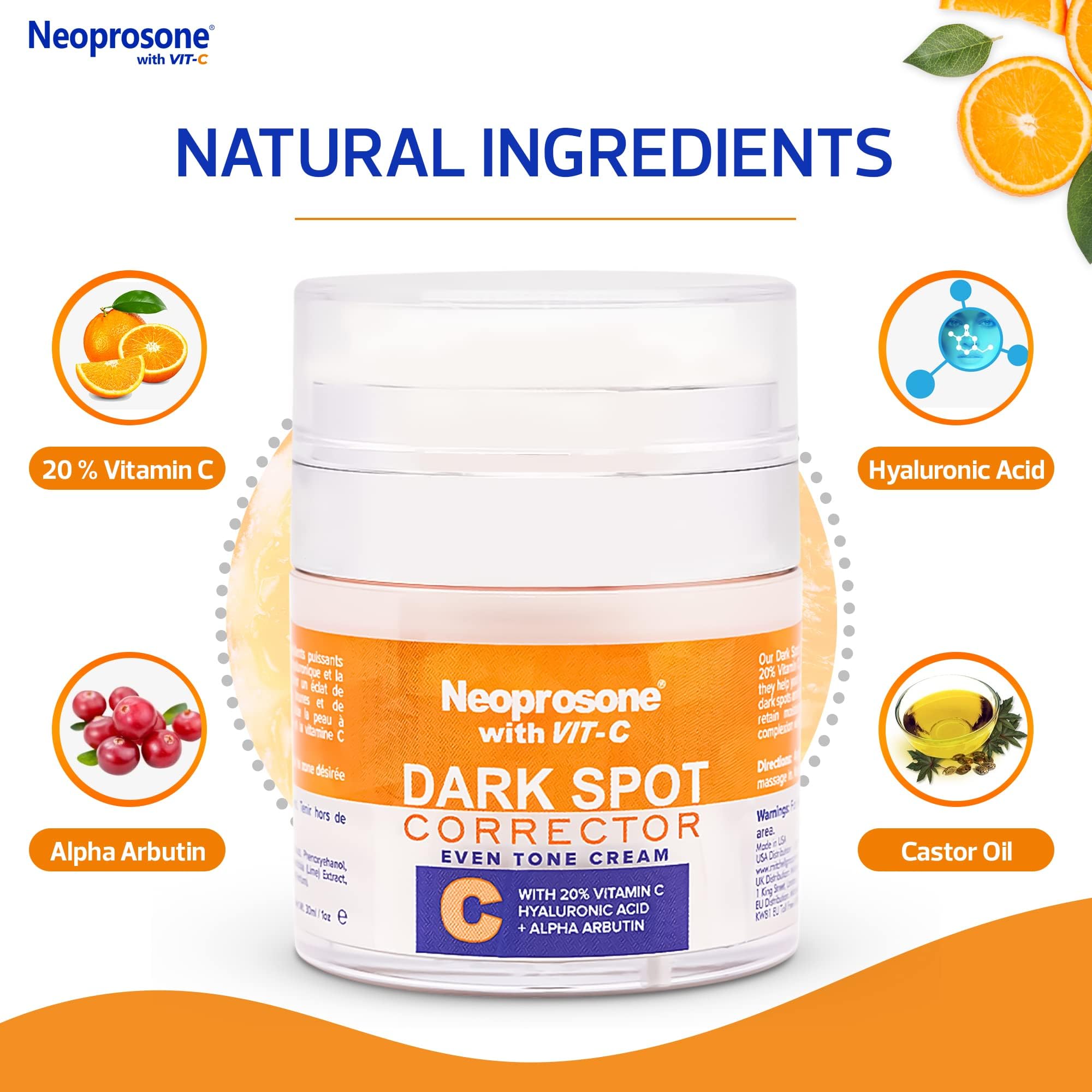 Neoprosone 20% Vitamin C Dark Spot Corrector Cream - 1 Fl Oz / 30Ml - Skin Brightening Gel Cream - With Hyaluronic Acid, Vitamin