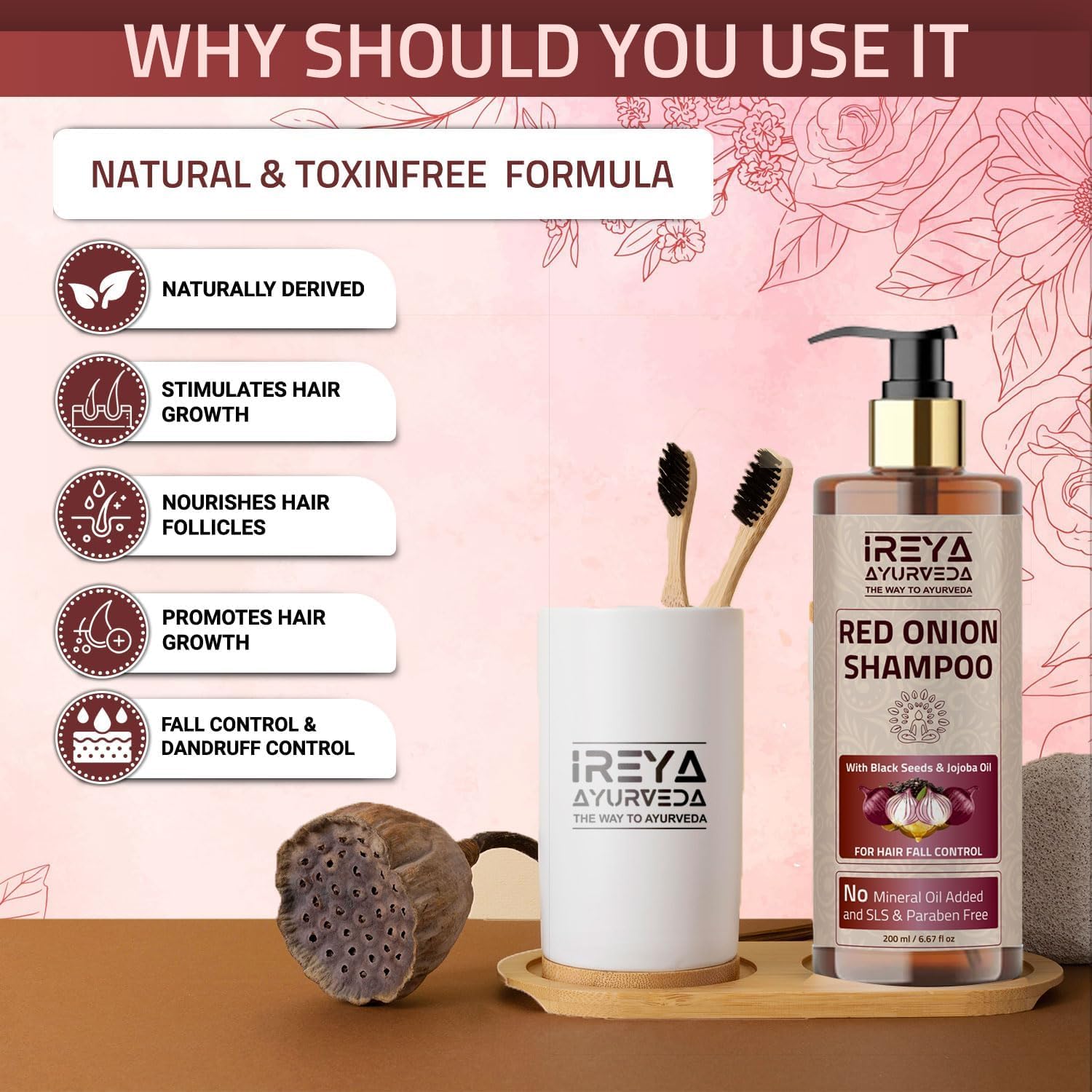 Red Onion Shampoo for Hair Growth with Black Seed Oil, Onion Extract & Jojoba Oil (200ml/6.76oz)