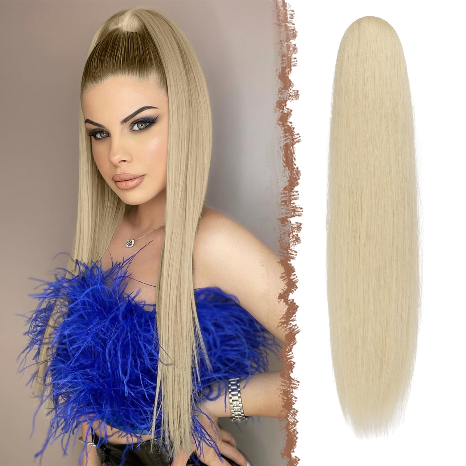 FESHFEN Drawstring Ponytail Extensions Long Straight Pony Tails Natural Synthetic Hair Pieces Clip in Ponytails Hairpieces for W