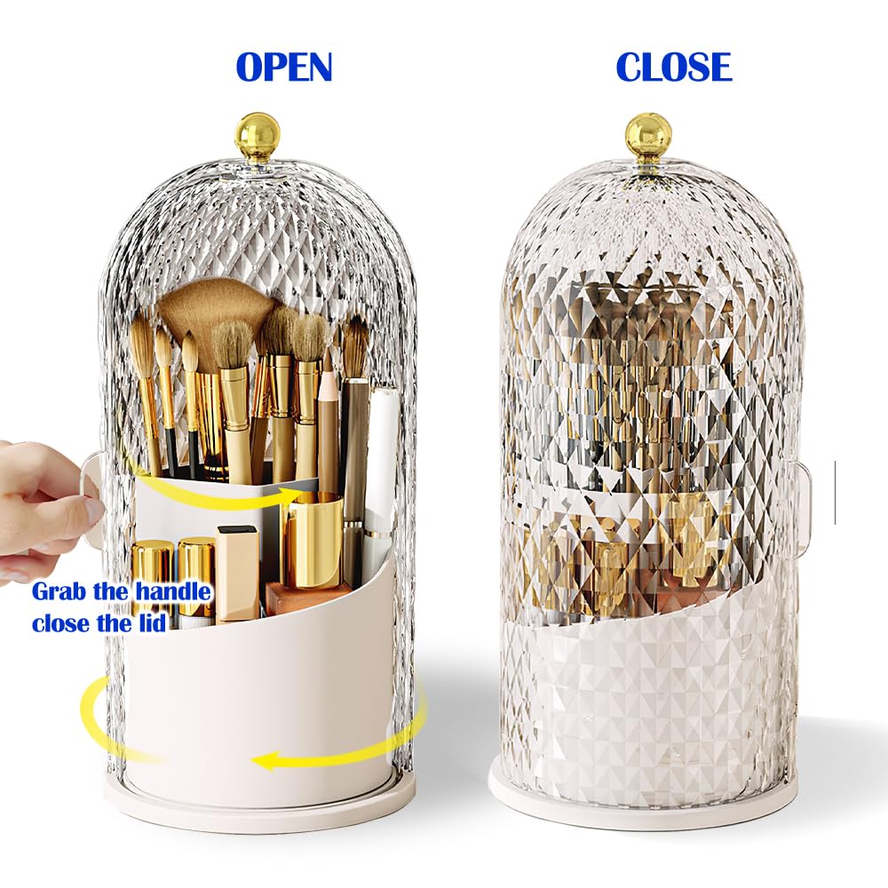 JIANGLAI Makeup Brush Holder with Lid, 360 Rotating Multifunction Clear Dustproof Skincare Cosmetic Tools Storage Organizer for