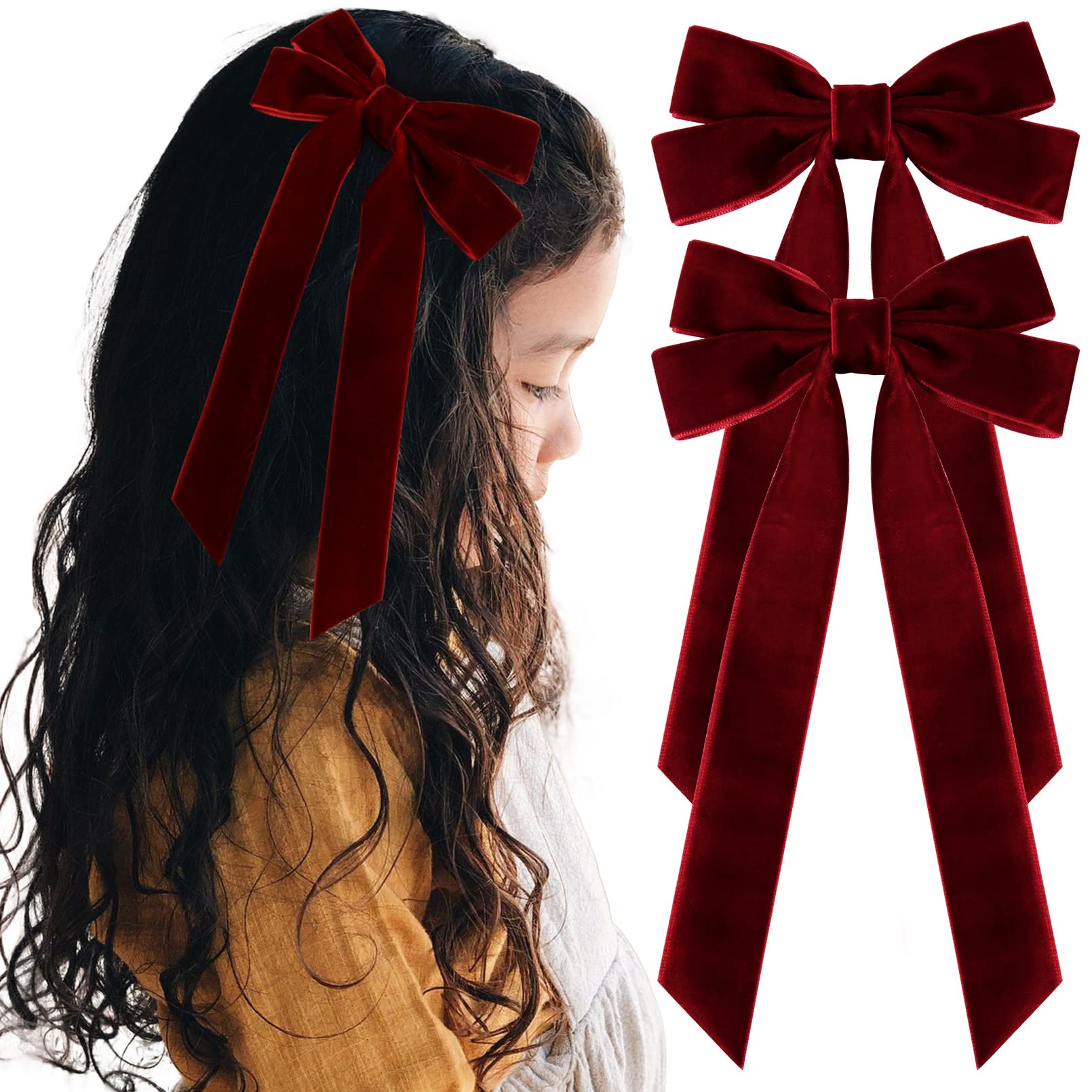 2Pcs Velvet Hair Bows Red Hair Ribbon Clips Big Fall Alligator Clips Hair Accessories For Women Girls Toddlers Kids Baby