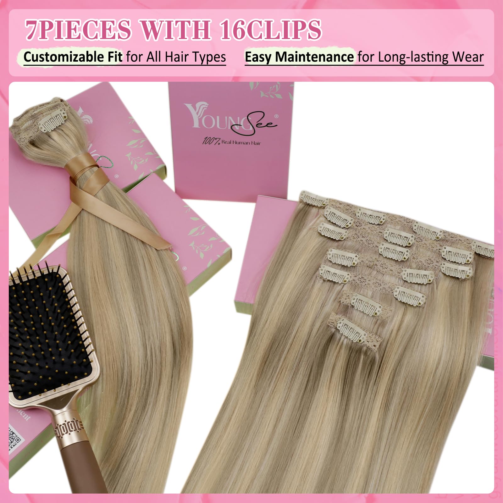 YoungSee Clip in Hair Extensions Real Human Hair Highlight Clip on Hair Extensions Light Blonde Highlighted Golden Blonde Real H