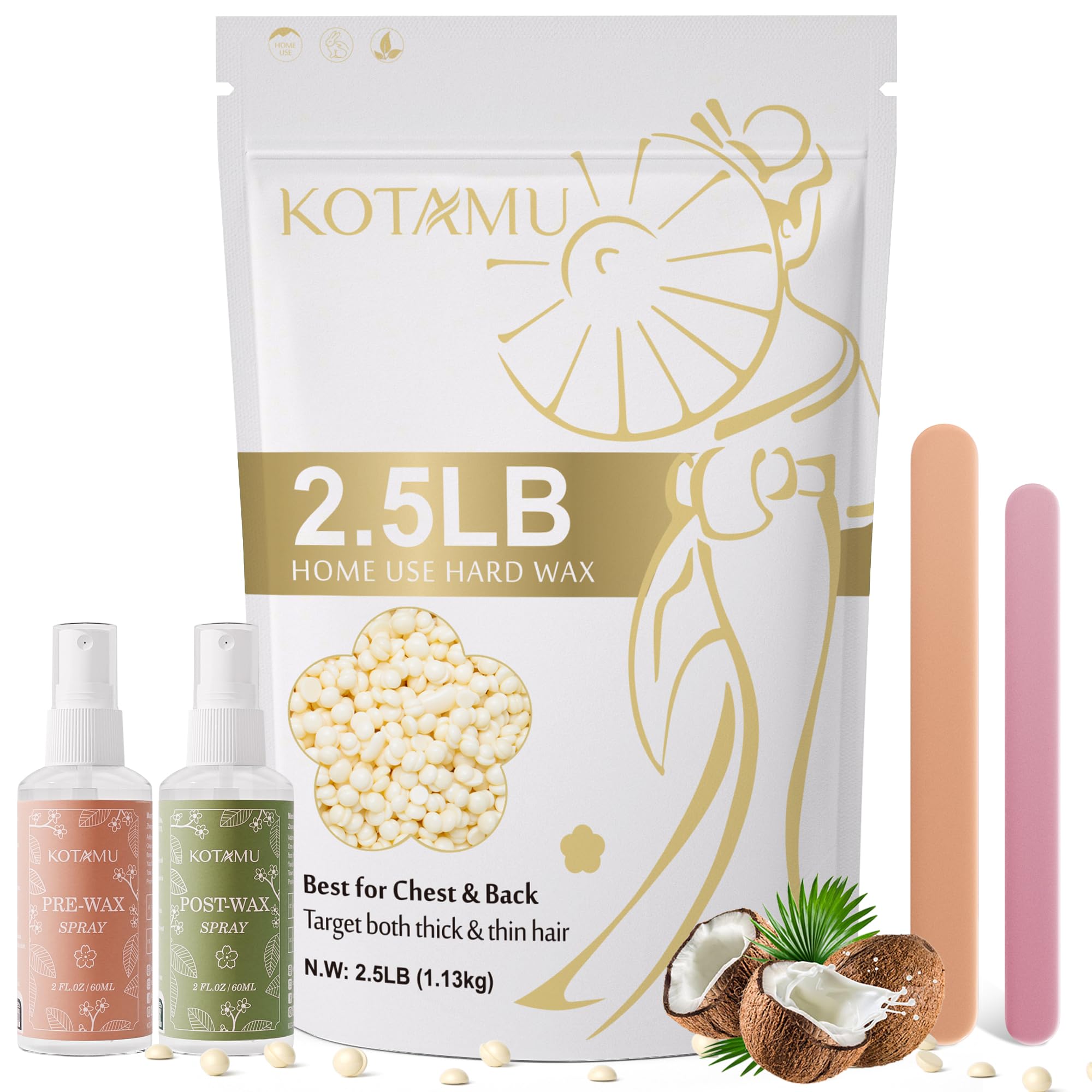 KOTAMU Hard Wax Beads for Women & Men Hair Removal, Cream Wax Beans for Full Body Sensitive Skin Chest Back Leg Facial Bikini Br