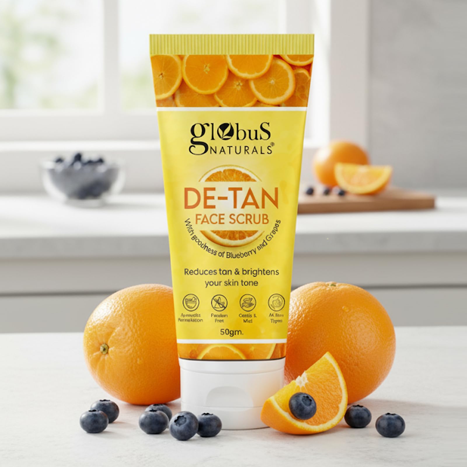 Globus Naturals De Tan Face Scrub, Enriched With Blueberry & Grapes, Tan Removal, Anti Pollution & Oil Control Formula, Chemical