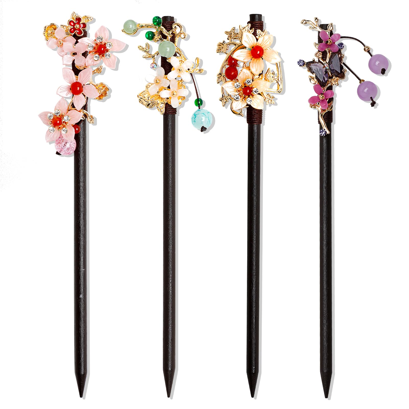 4 PCS Wooden Hair Sticks Chinese Traditional Flower Hair Sticks for Long Hair Hair Chopsticks for Women Girl Classic Vintage Flo