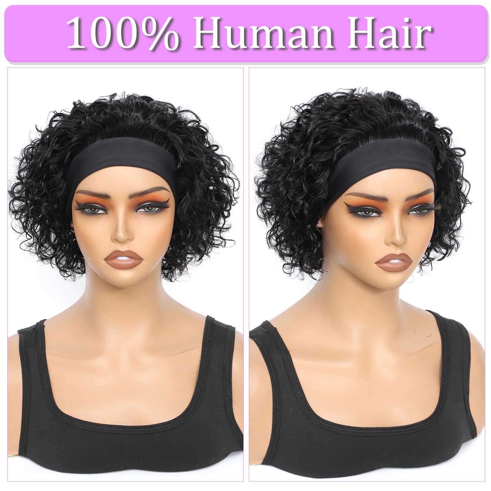Betufllo Headband Wig Human Hair Wigs for Black Women Curly Pixie Headband Human Hair Wigs Put on and Go Glueless Wig Natural Bl