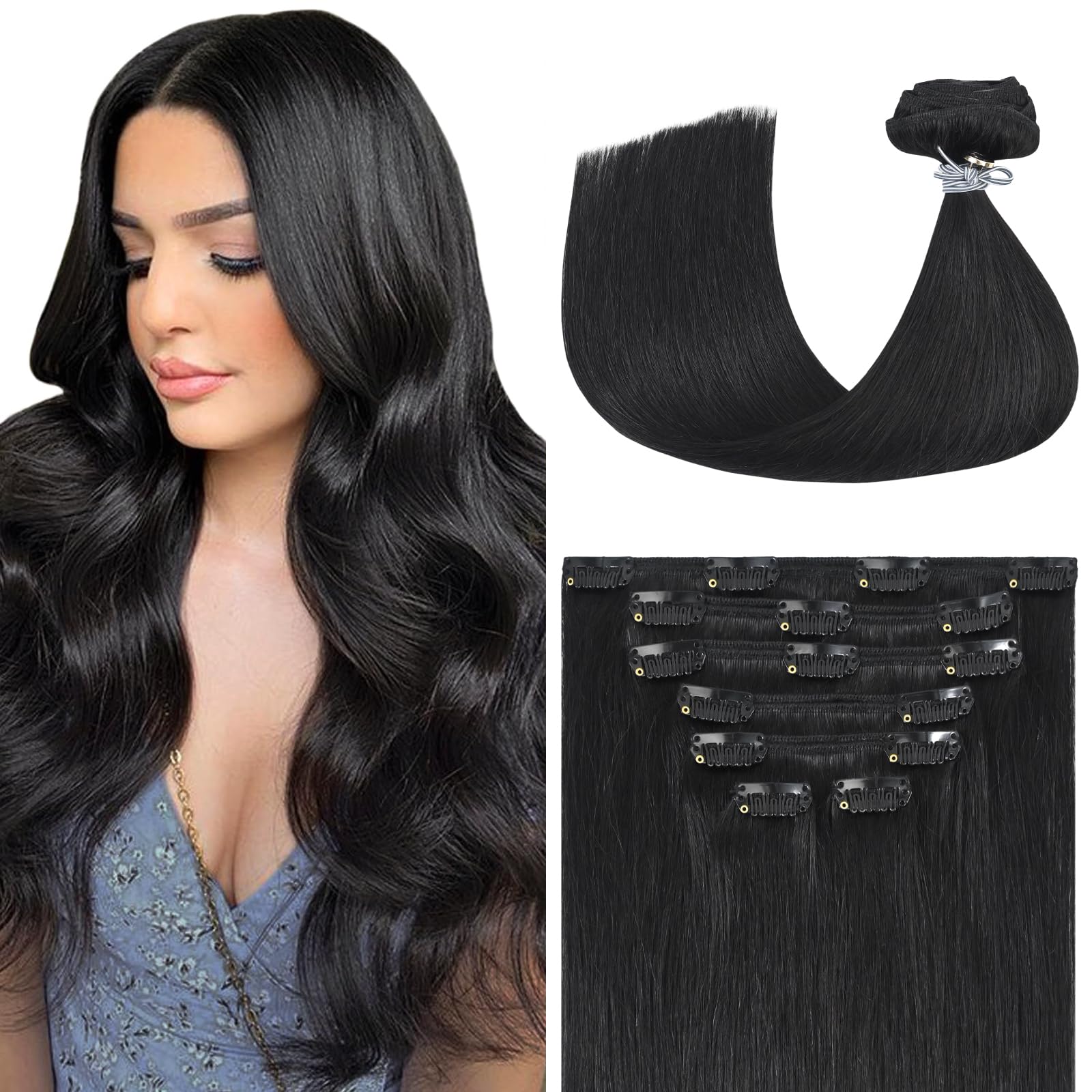 Aison Black Hair Extensions Clip in Real Human Hair 120G 100% Remy Human Hair Clip in Extensions Soft Silky Straight 7pcs 18inch
