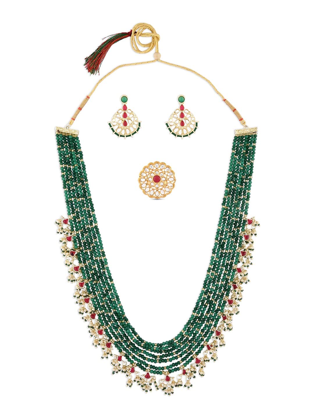 Zaveri Pearls Pink & Green Crystals Beaded Multilayer Bridal Necklace Earring & Ring Set For WomenZpfk14750