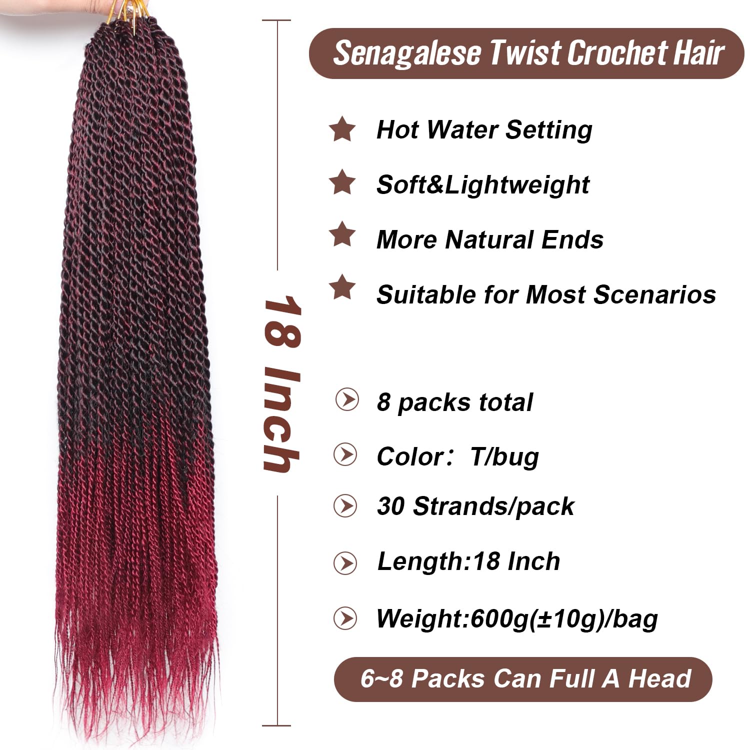 Red Crochet Hair For Black Women 18 Inch Long Senegalese Twist Crochet Hair 9 Packs Crochet Braids Prelooped Crochet Twist Hair