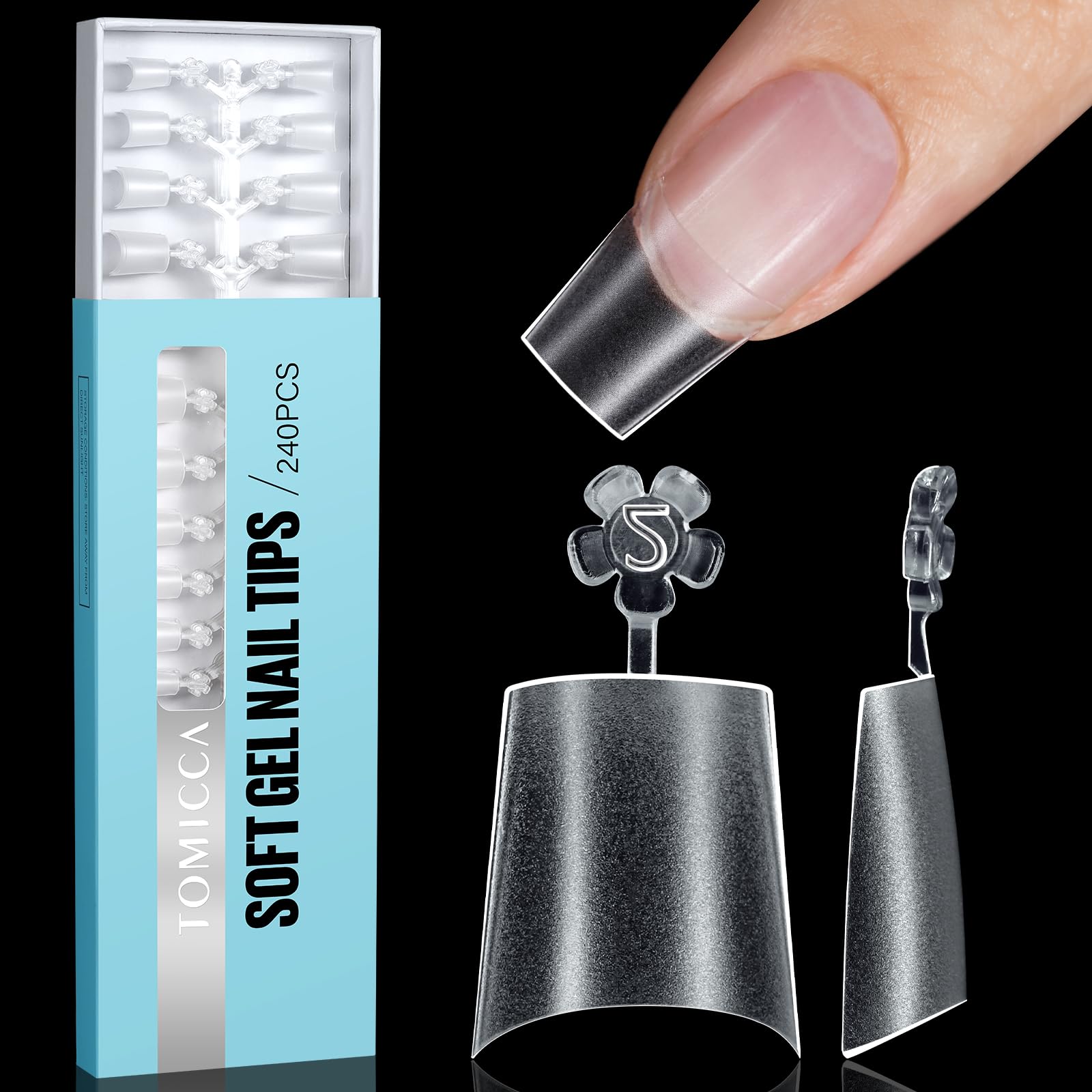 TOMICCA Short Coffin Nail Tips, 240Pcs Acrylic Half Cover Nail Tips, 12 Sizes No C Curve Full Matte Soft Gel Nail Tips, Nail Ext