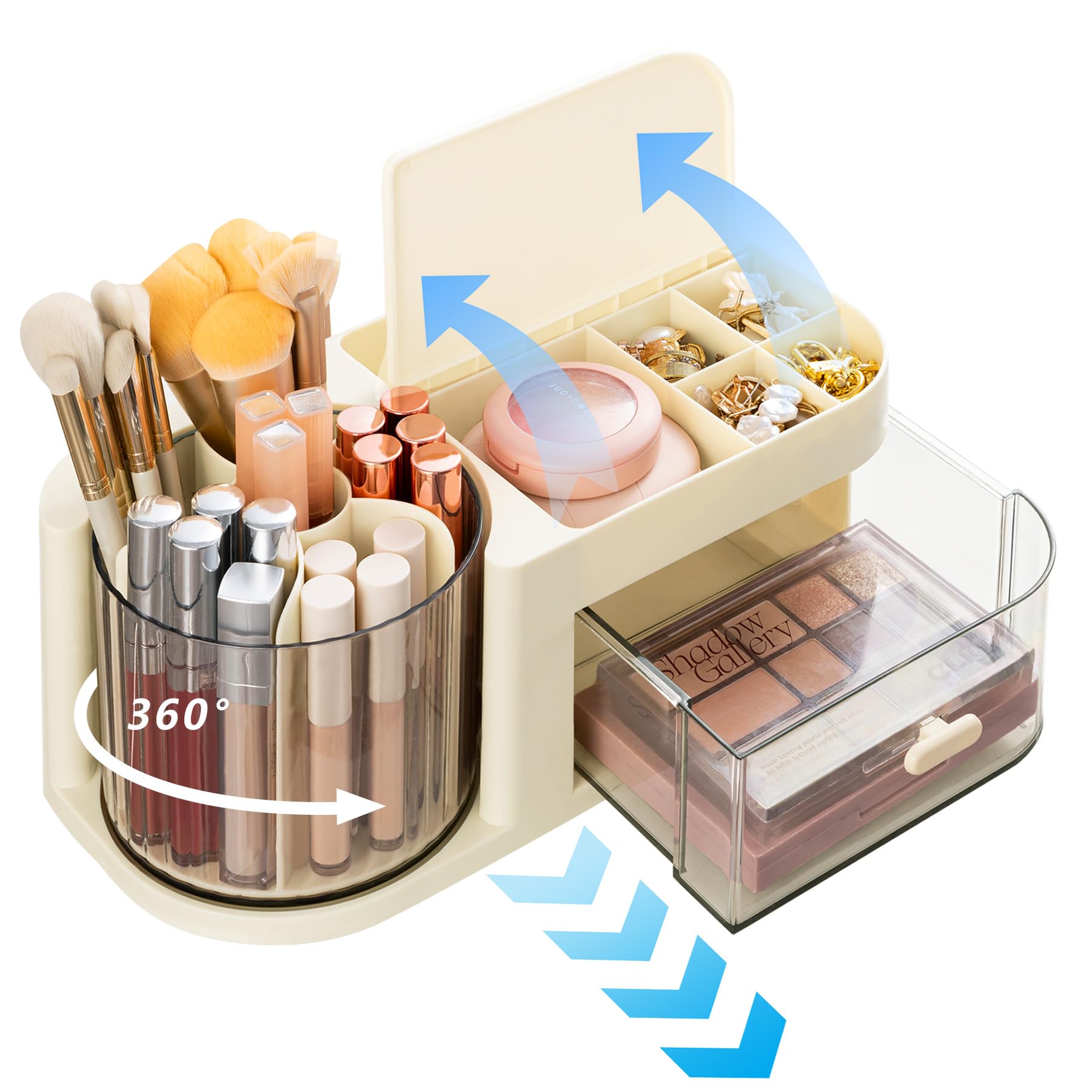 Moikiwi Makeup Organizer, 360-Degree Rotating Desk Organizers With Lid, Cosmetic Display Case With Drawer, Art Supply Storage Bo