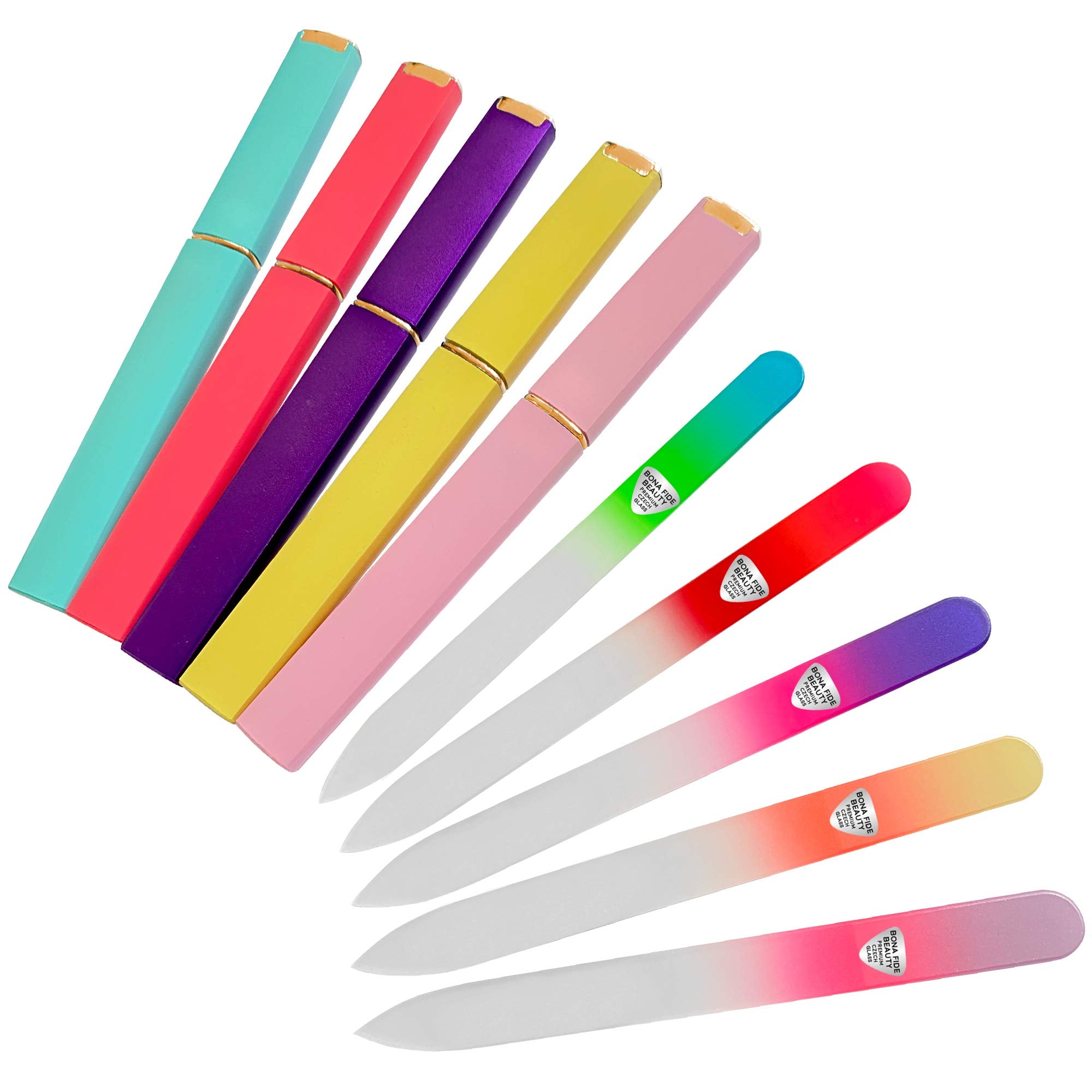 Bona Fide Beauty Czech Glass Nail File Set with Hard Cases, 5 Piece Professional Manicure Glass Fingernail Files