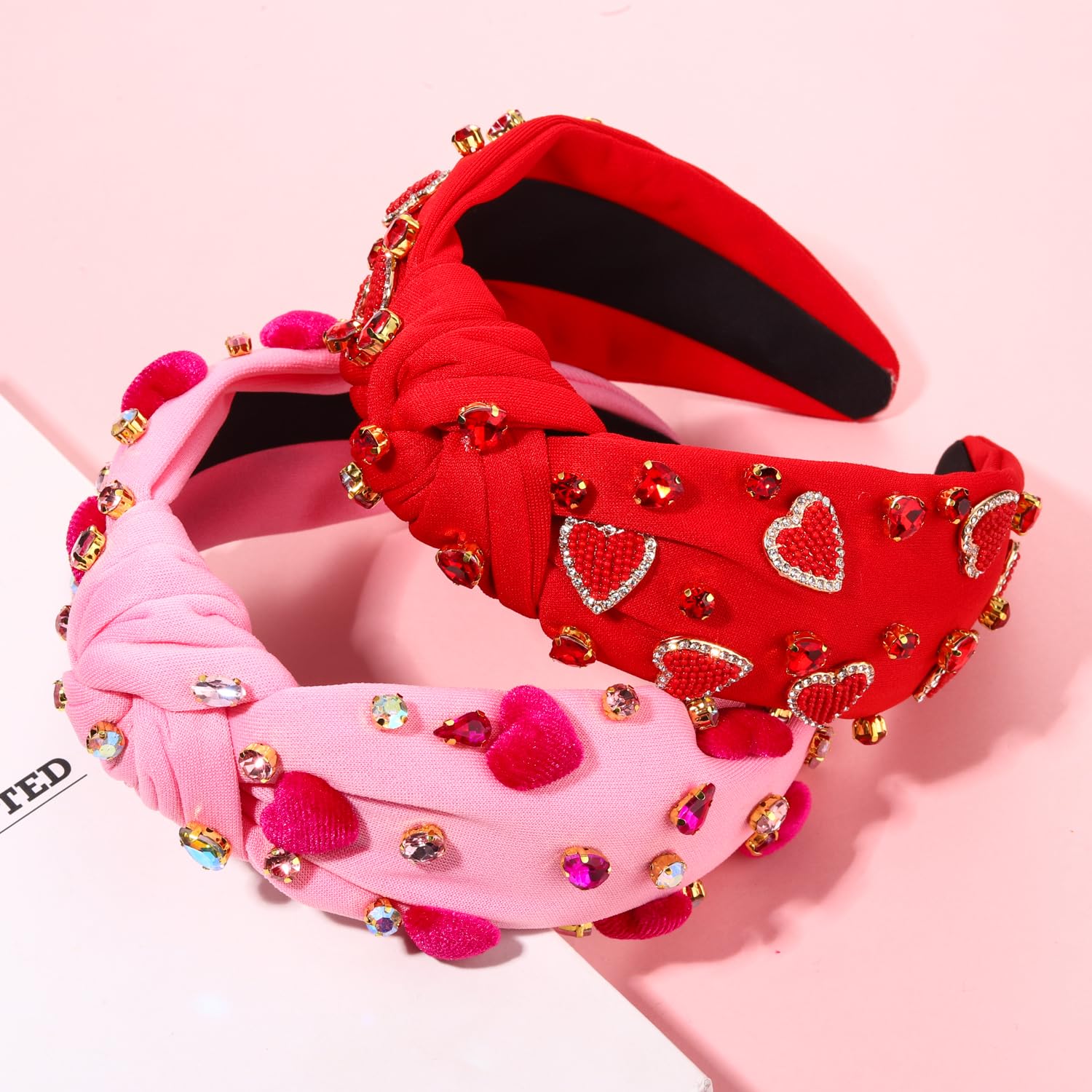 Cealxheny Beaded Pink And Red Heart Headband For Women - Jeweled Rhinestone Crystal Wide Top Knot Headband, Valentines Outfit An