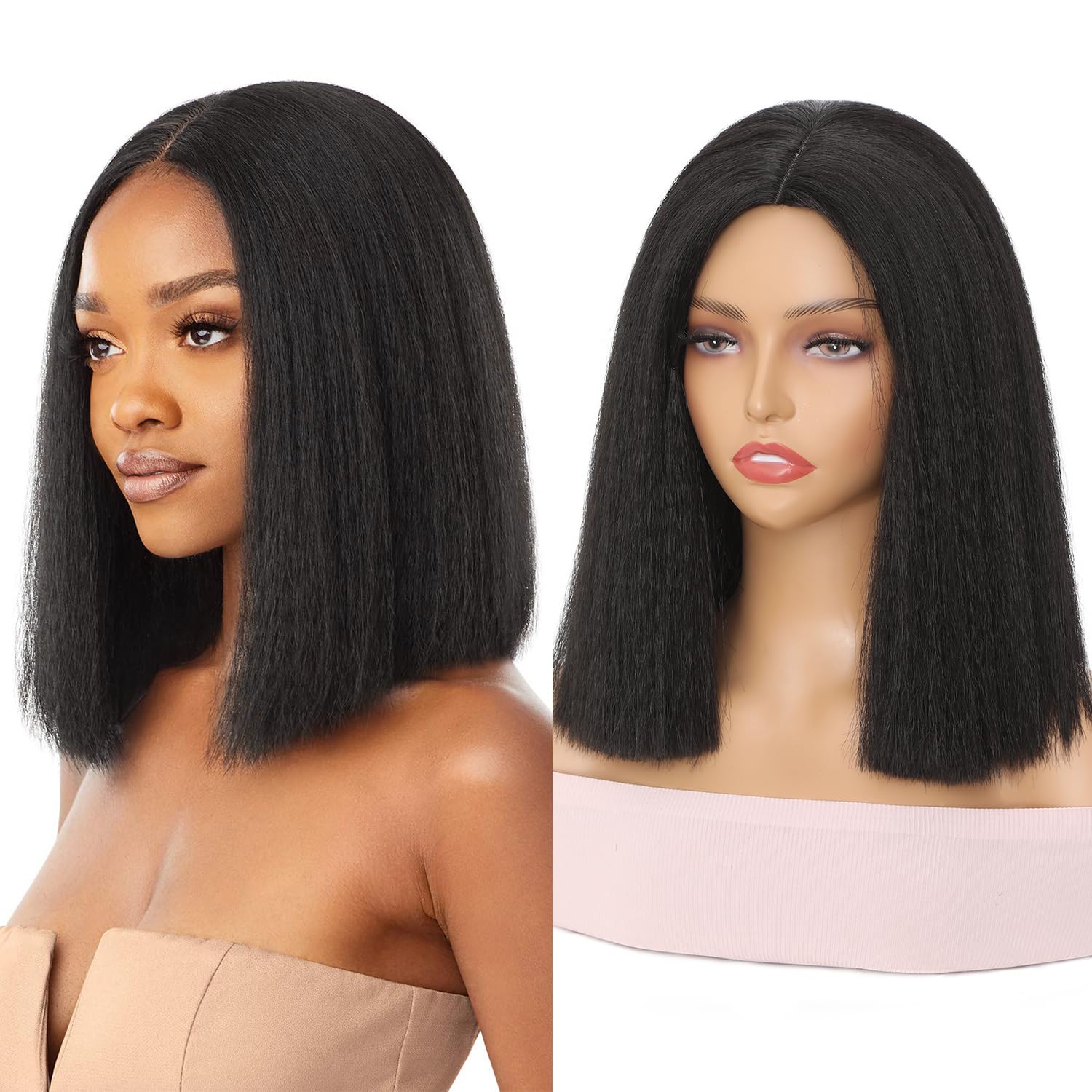 Wignee 12 Inches Kinky Straight Bob Wig Black Bob Yaki Wig Synthetic Bob Kinky Straight Wig For Black Women Short Kinky Wig (12