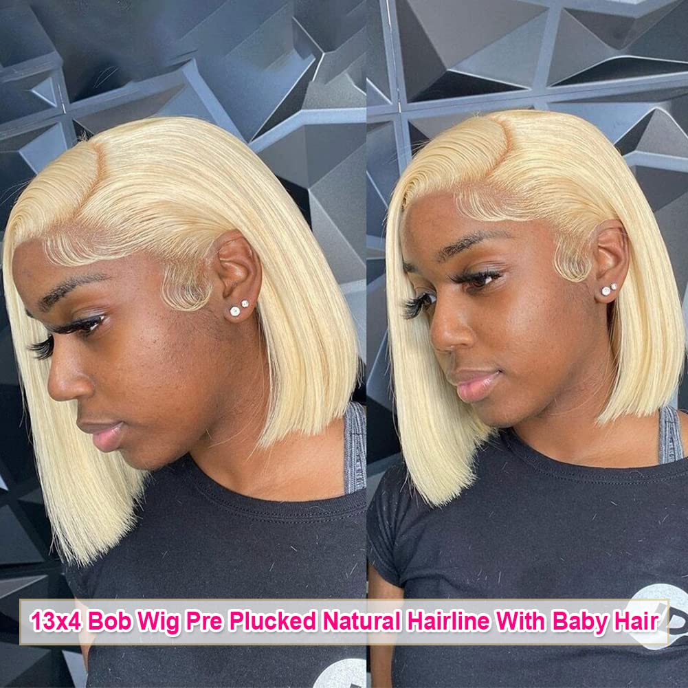 Flady 14 inch 613 Blonde Bob Wig Human Hair 613 13X4 HD Lace Front Wigs Human Hair Pre Plucked Hairline 180% Density Blond Bob H
