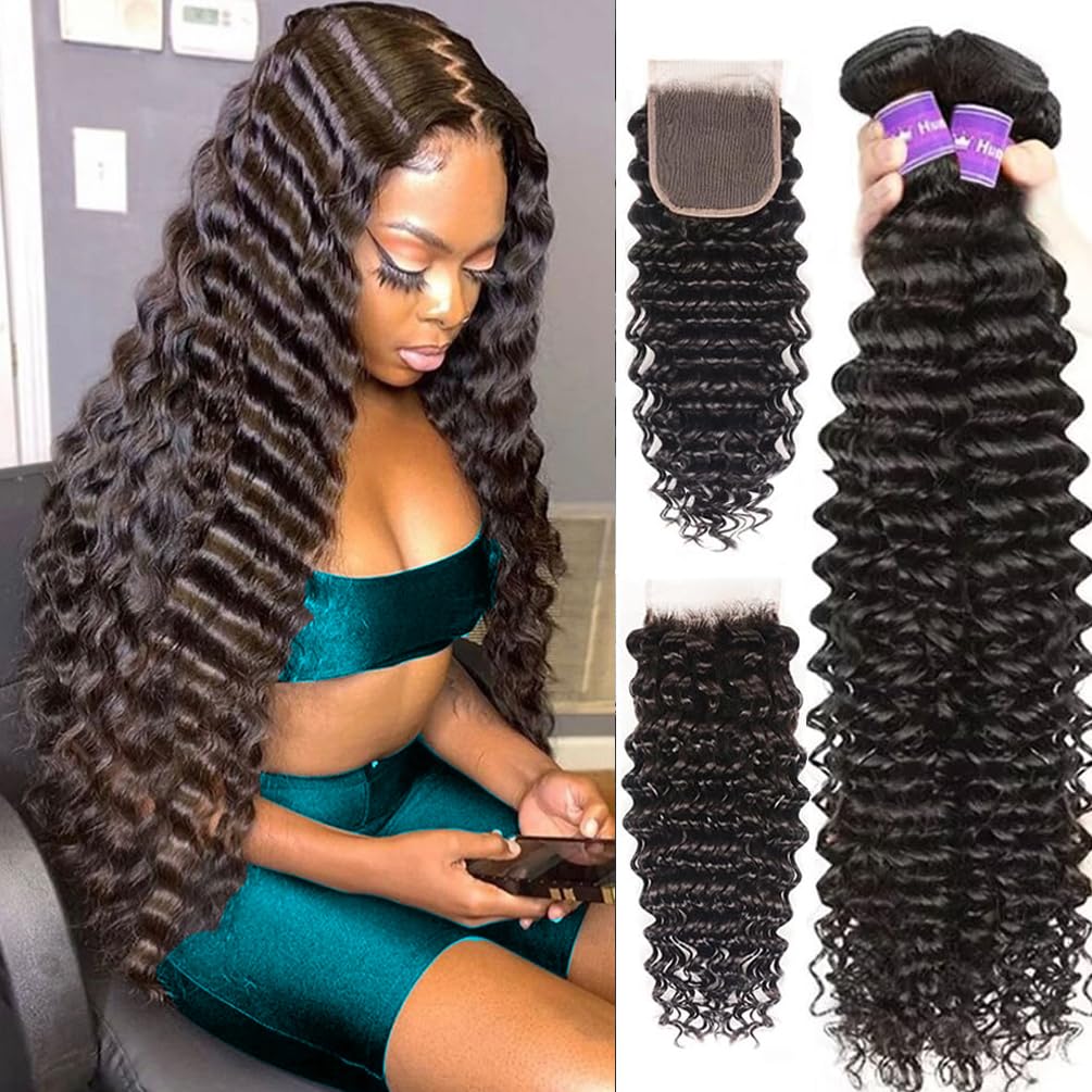 Deep Wave Bundles With Closure (22 24 26+20) 12A 100% Unprocessed Brazilian Virgin Human Hair Free Part Curly Weave 3 Bundles Wi