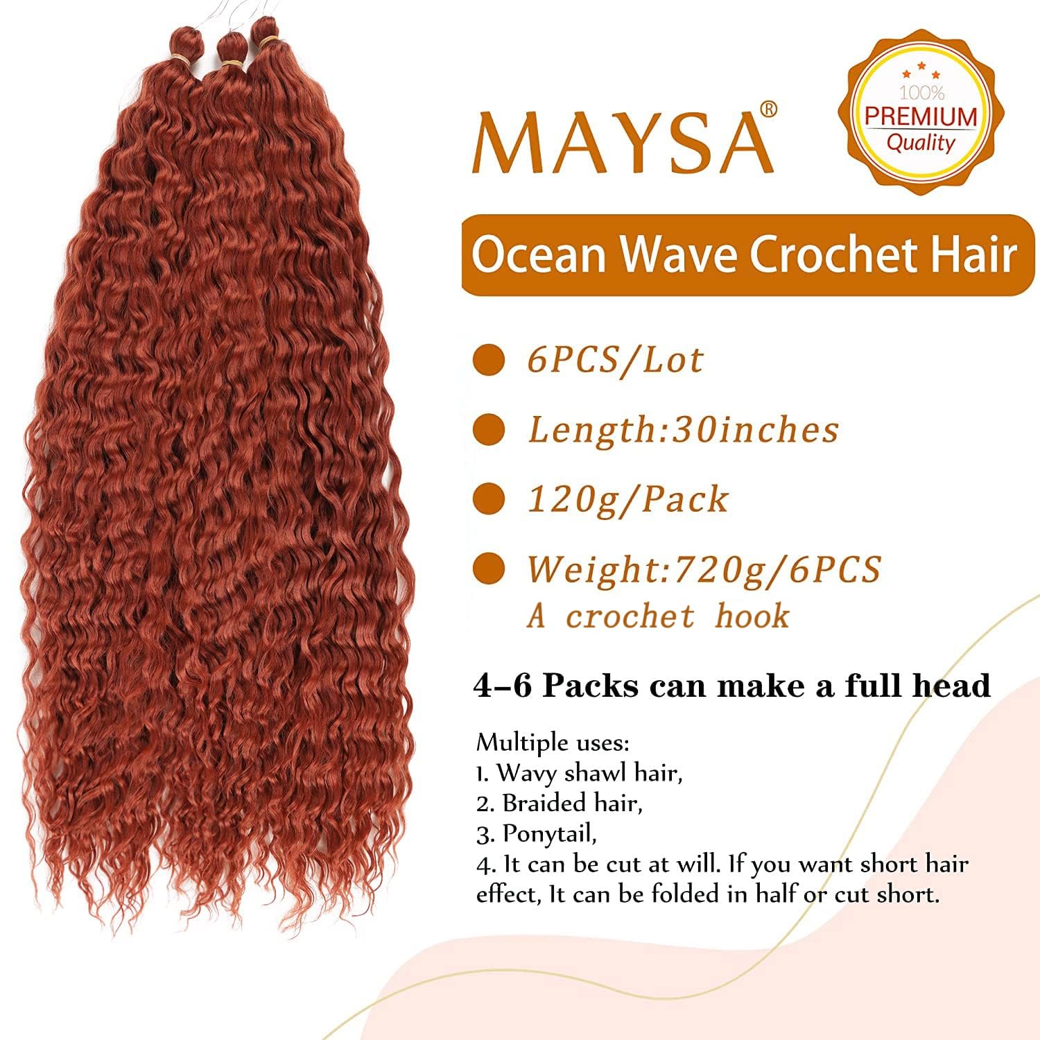 Ginger Ocean Wave Crochet Hair 30 Inch 6Packs Wavy Braiding Crochet Hair Curly Crochet Synthetic Hair Extensions For Black Women
