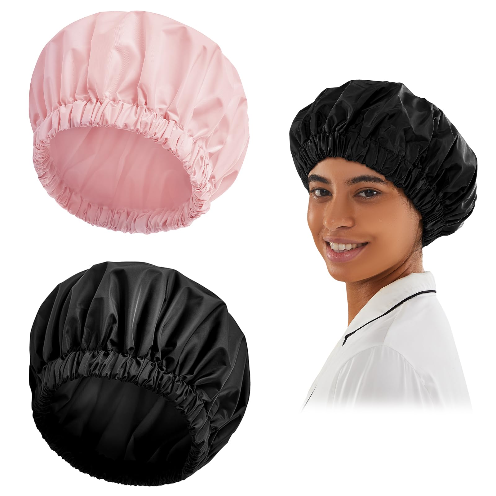 Reusable Shower Cap For Women, Large Waterproof Shower Bonnet Washable Elastic Band Bath Hair Hat For Long Hair, Braids(Pink&Bla