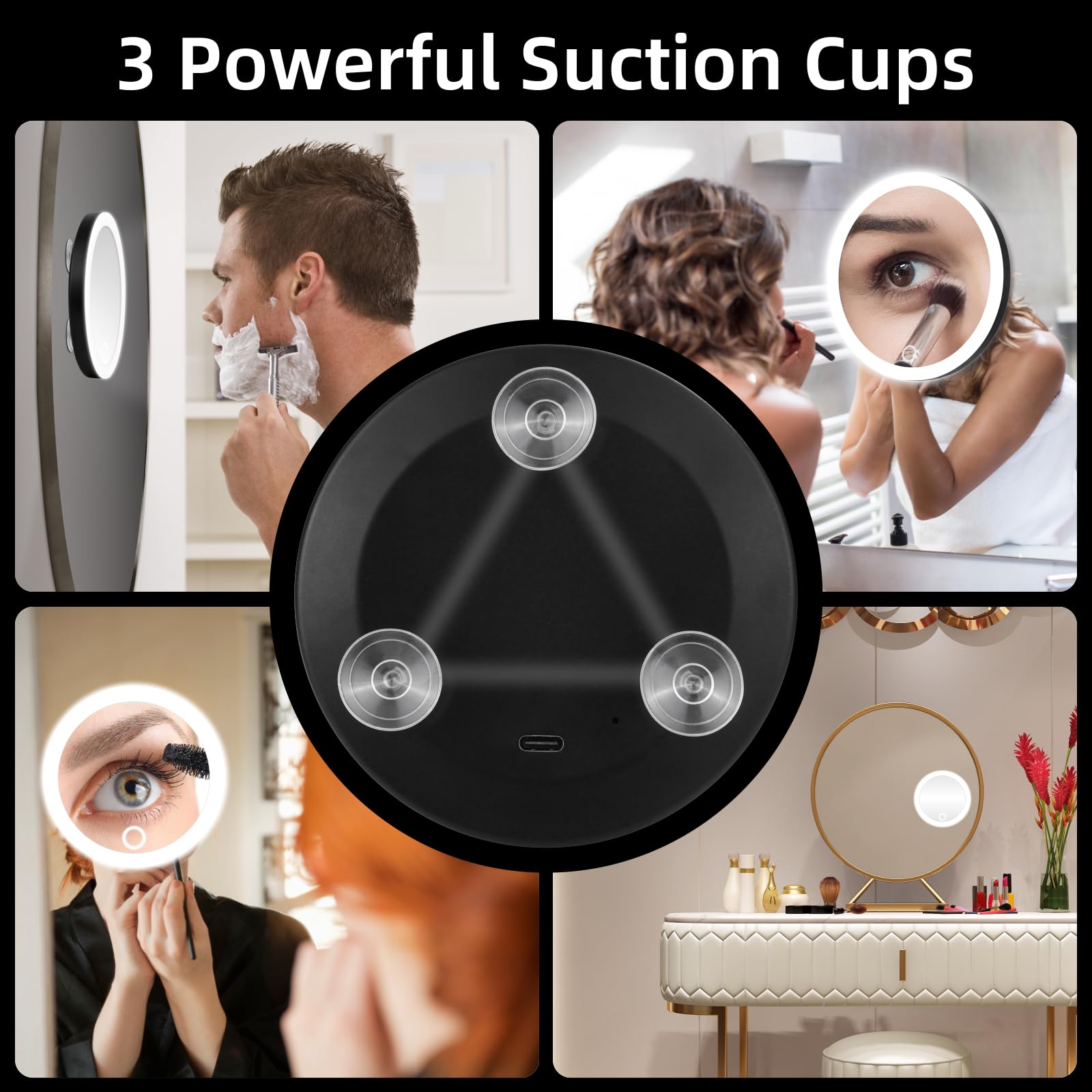 JJhxr 10X Travel Magnifying Mirror with Lights, 4" Pocket Size, Rechargeable, Black-10X, Dimmable, Suction Cups