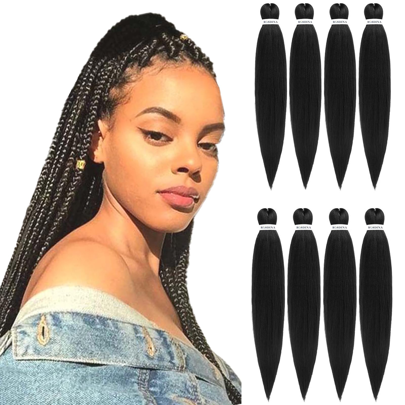 Rosdina Pre-Stretched Braiding Hair - 22 Inch 8 Packs Natural Black Long Braiding Hair For Twist Or Box Braids, Yaki Texture Hot