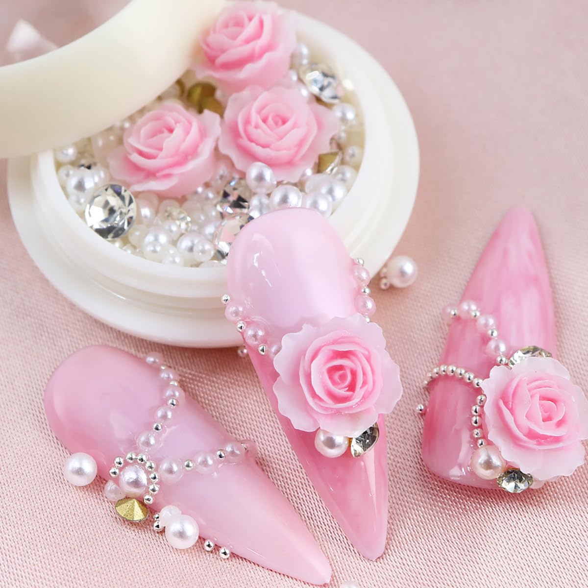 Pink Rose Flower Nail Art Charms with Rhinestone Decoration Mixed Pearls Gems Glitter Diamond Crystal Nail Ornaments for Valenti