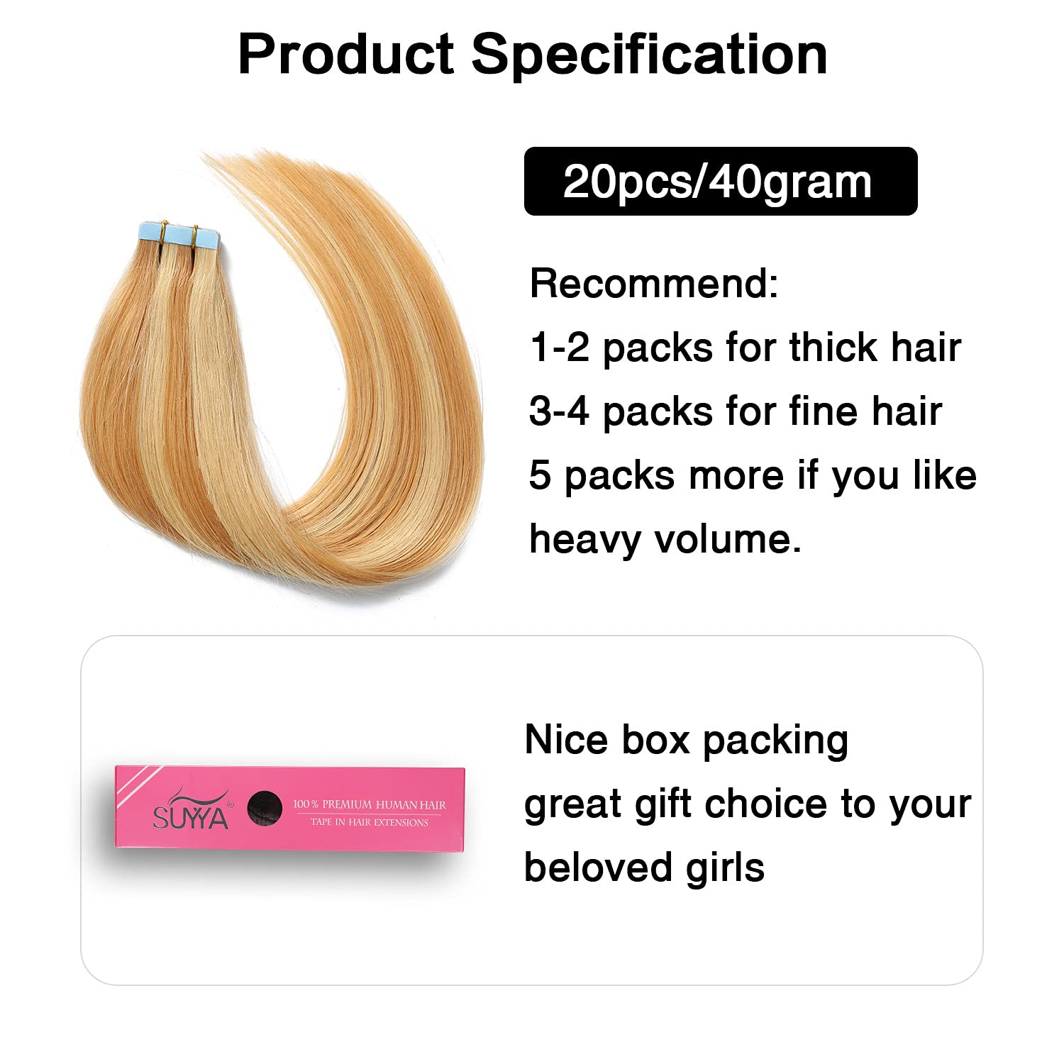 Suyya Tape In Hair Extensions Human Hair Strawberry Blonde To Light Blonde Remy Hair 14 Inches 20Pcs 40G/Pack Straight Seamless