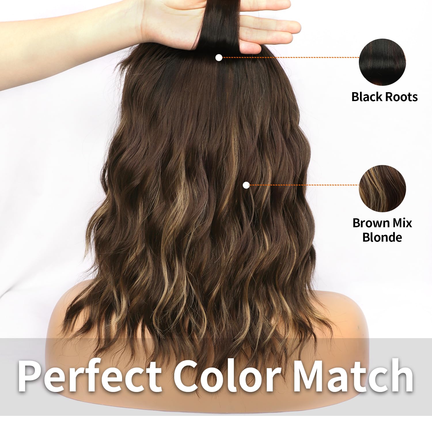 Aisi Hair Synthetic Curly Bob Wig With Bangs Natural Brown With Blonde Highlight Short Wavy Bob Hair Wigs For Women Natural Look