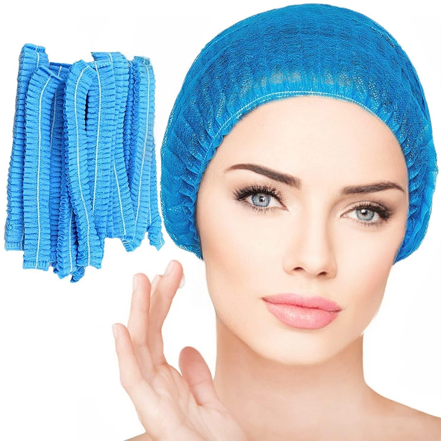 Smilco 100pcs/Pack Blue Disposable Bouffant Caps,24inches Hair Net, Elastic Dust Cap for Hair Nets Food Service, Non-Woven,Salon