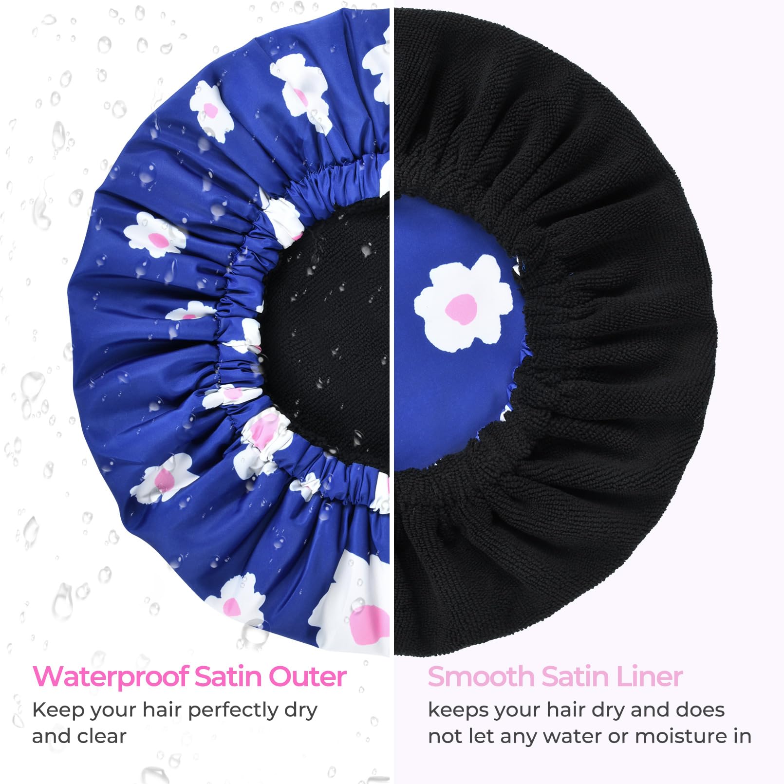 Shower Cap For Women Terry Lined Bath Cap Large Reusable Waterproof Elastic Band Blue Shower Caps For Long Thick Hair Soft Bath