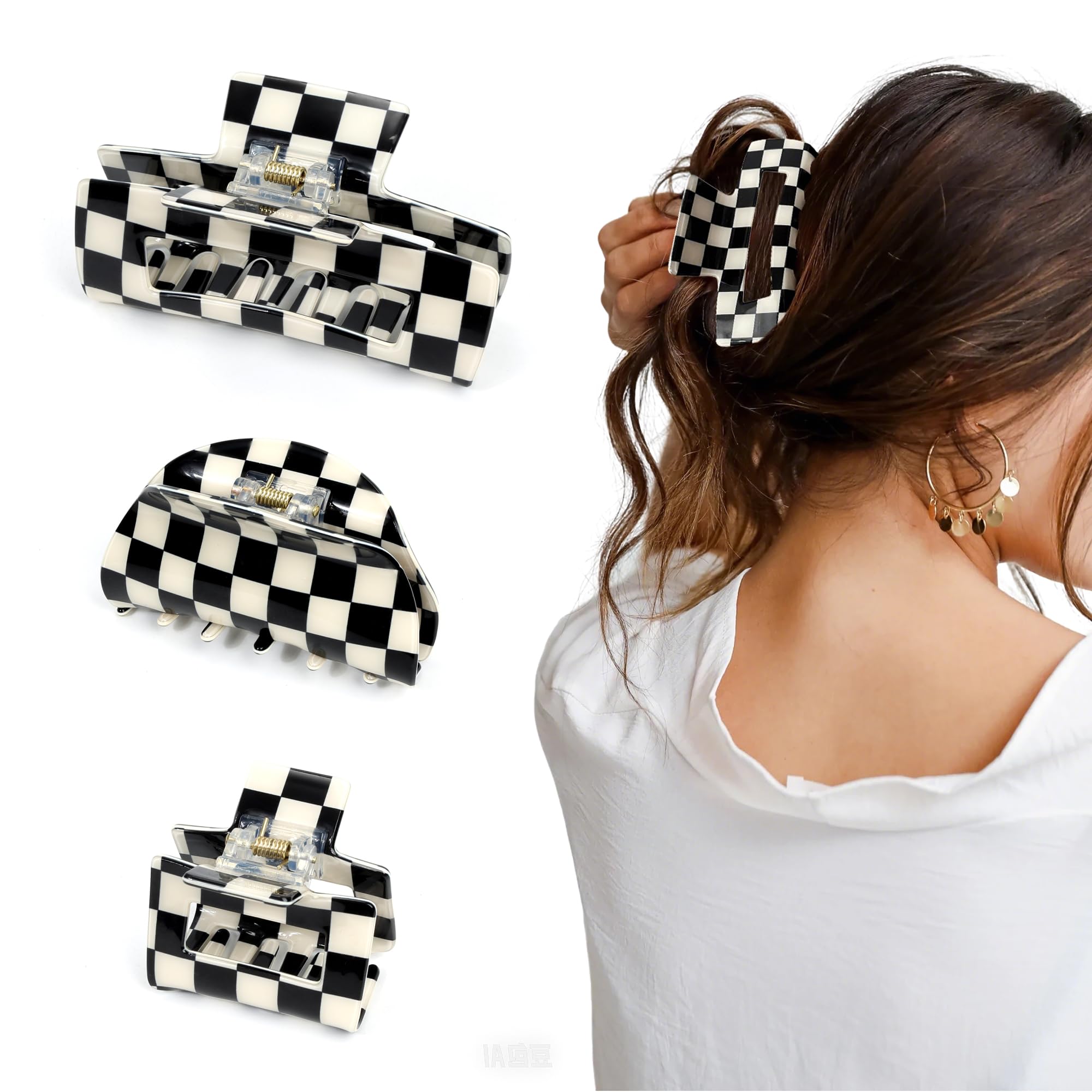 3 PCS Checkered Hair Claw Clips for Thick and Thin Hair Large Hair Clips Square Y2K Hair Checker Barrettes Black And White Check