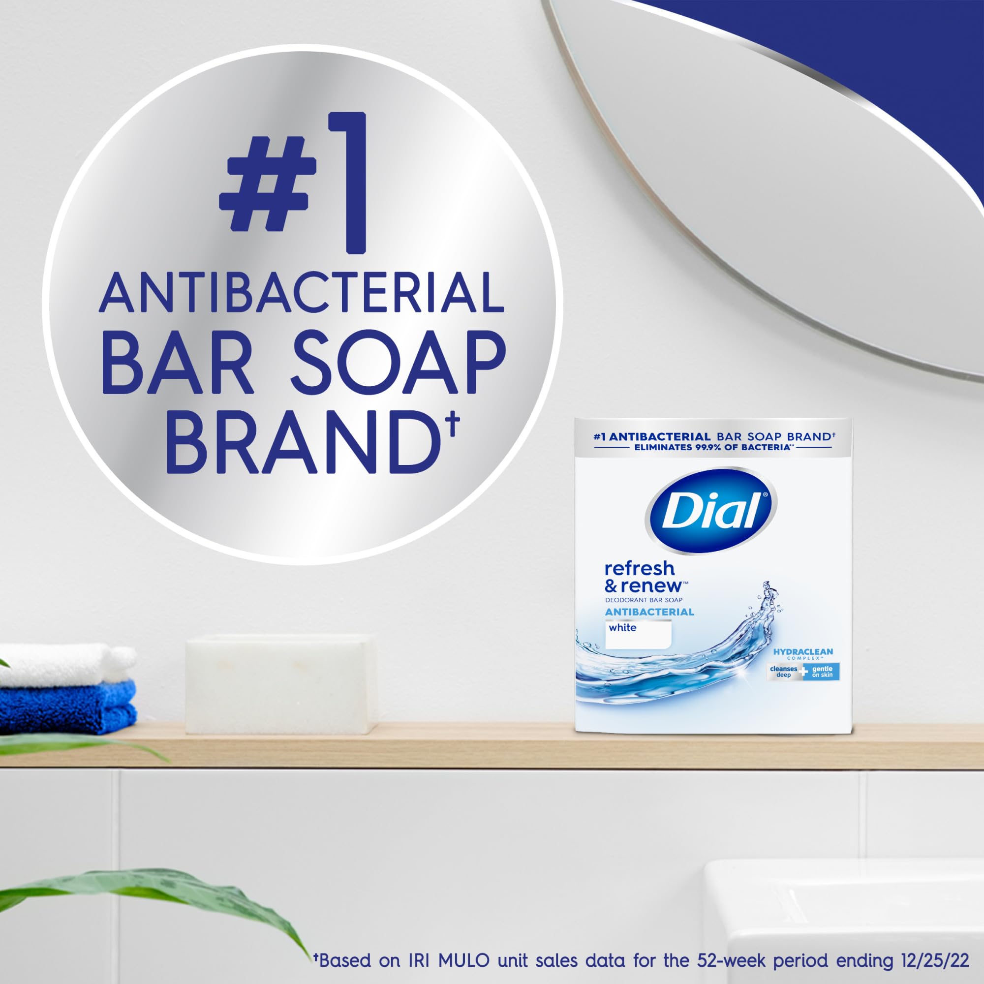 Dial Antibacterial Bar Soap, Refresh & Renew, White, 4 Oz, 32 Bars