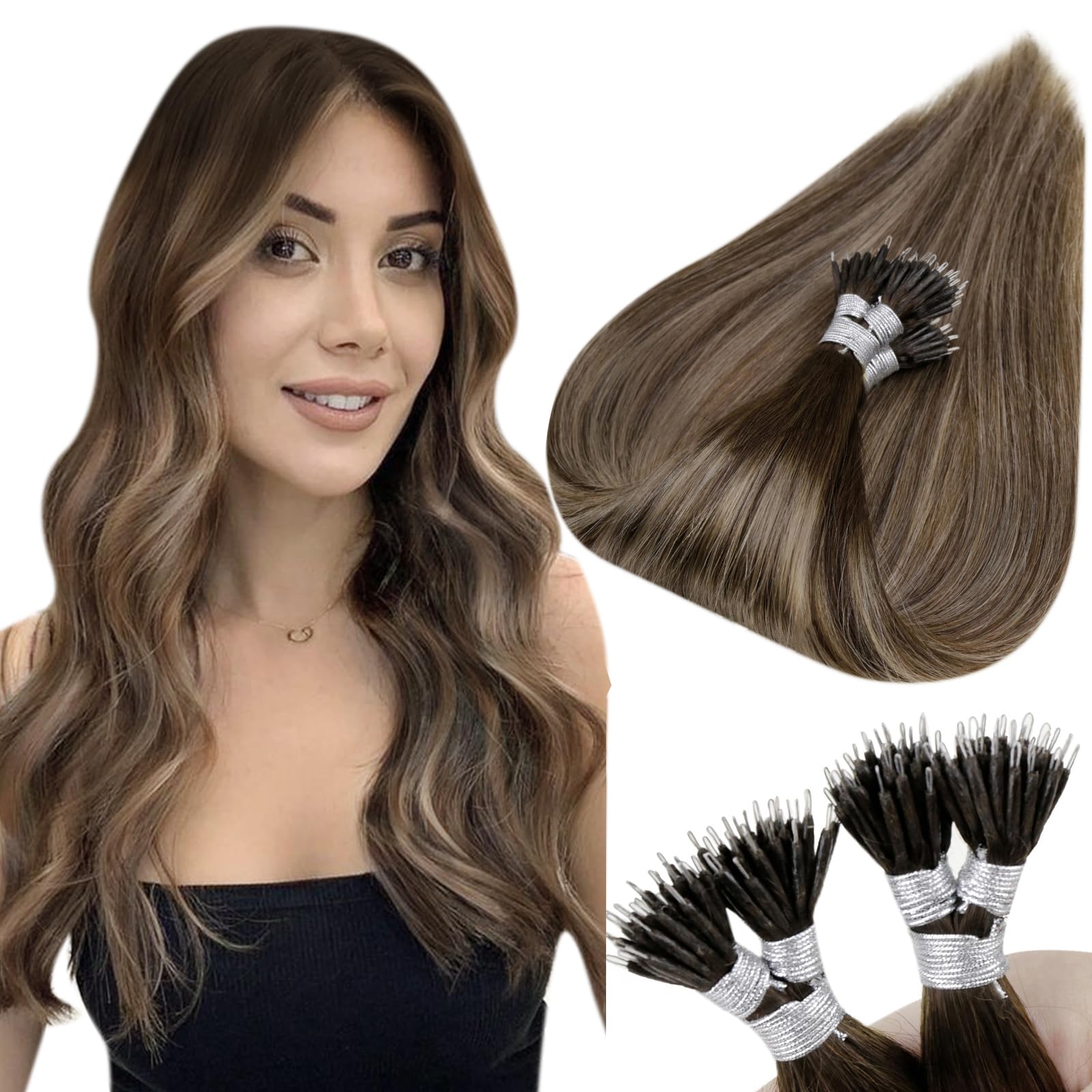 Hetto Nano Ring Human Hair Extensions Balayage Nano Beads Hair Extensions Human Hair #4/18/4 Ash Blonde Dark Brown Nano Tip Hair