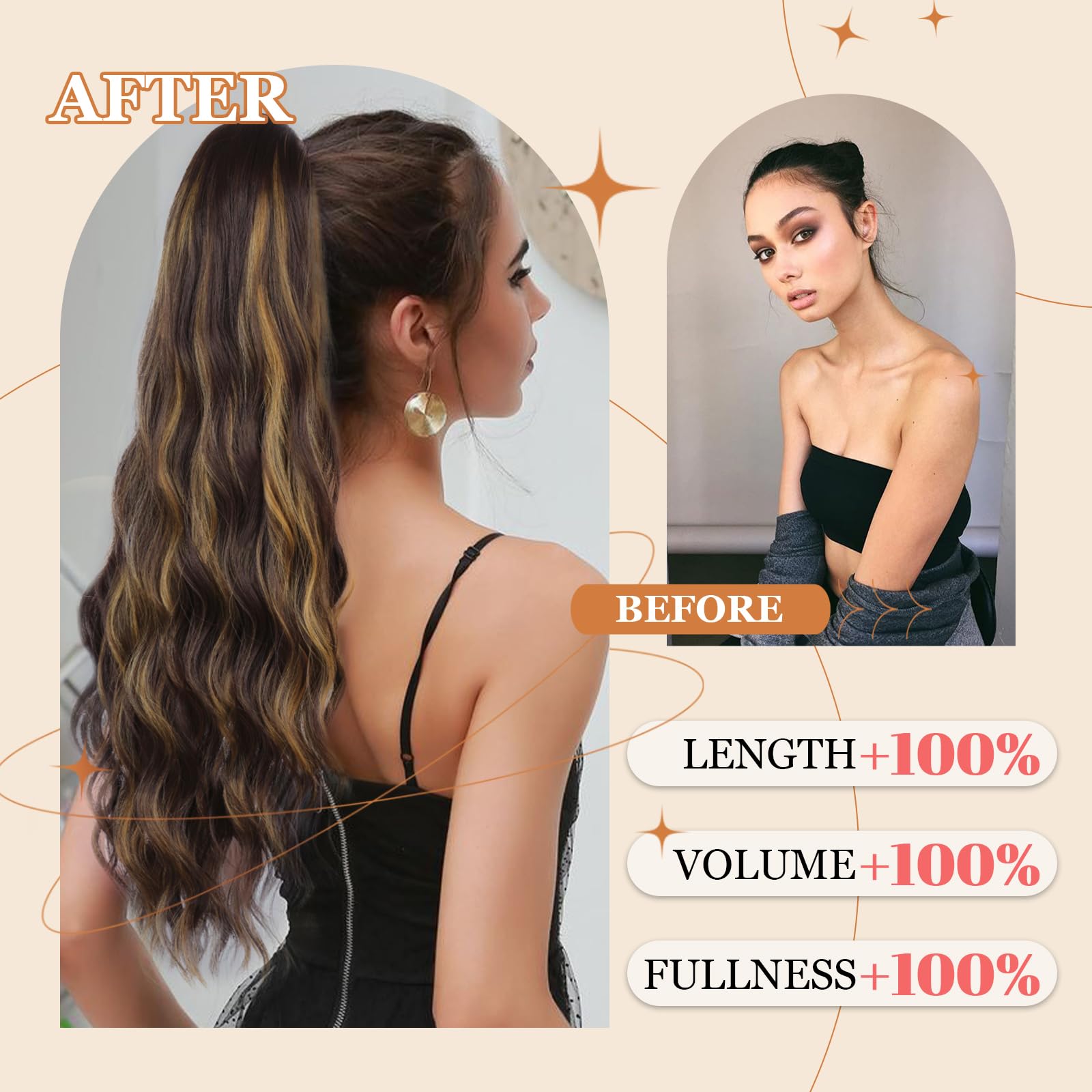 Freemeige Ponytail Extension For Women Long Wavy Drawstring Ponytail Extension Synthetic Highlight Clip In Ponytail Hair Extensi