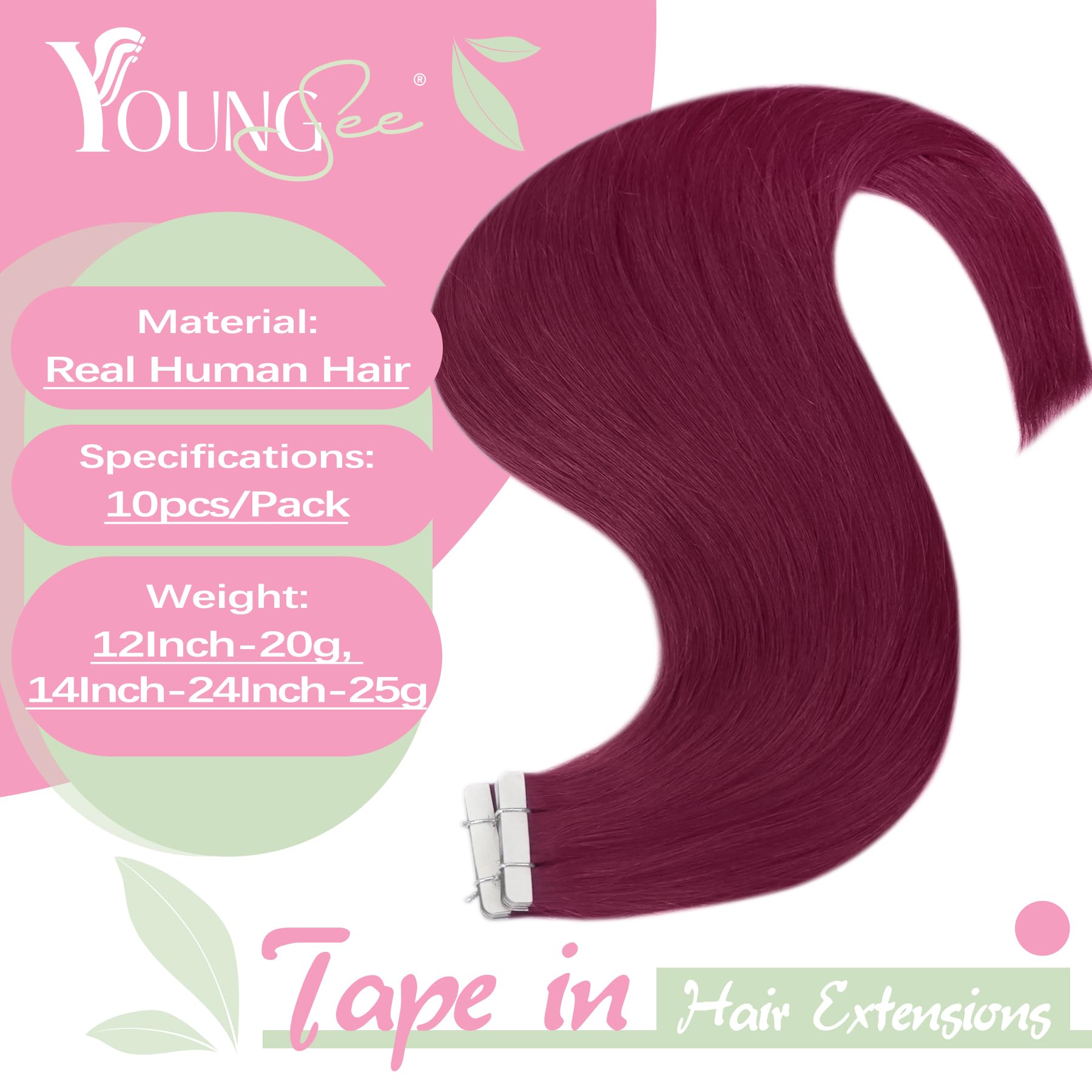 YoungSee Invisible Tape in Hair Extensions Magenta Tape Hair Extensions Real Human Hair Red 22 Inch Colored Tape Ins Human Hair