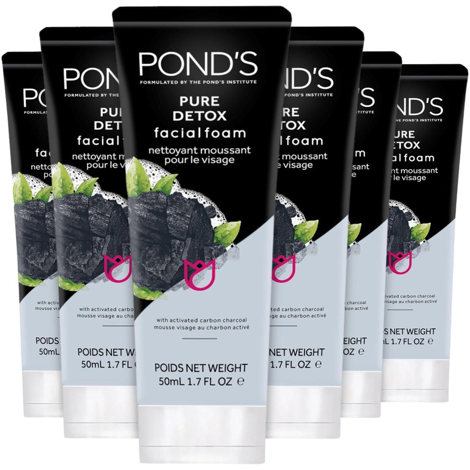 Pond's Face Cleanser - Pure Detox, Facial Foam, Activated Charcoal Face Wash with Skin-Brightening Niacinamide, Moringa Extract,