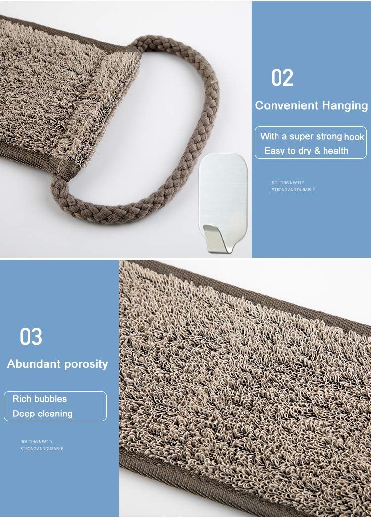 IYOOH Loofah Back Scrubber - Natural Flax Exfoliator, Dual-Sided, Extra Long, White Cotton-Bottom, 1 Count for Men & Women