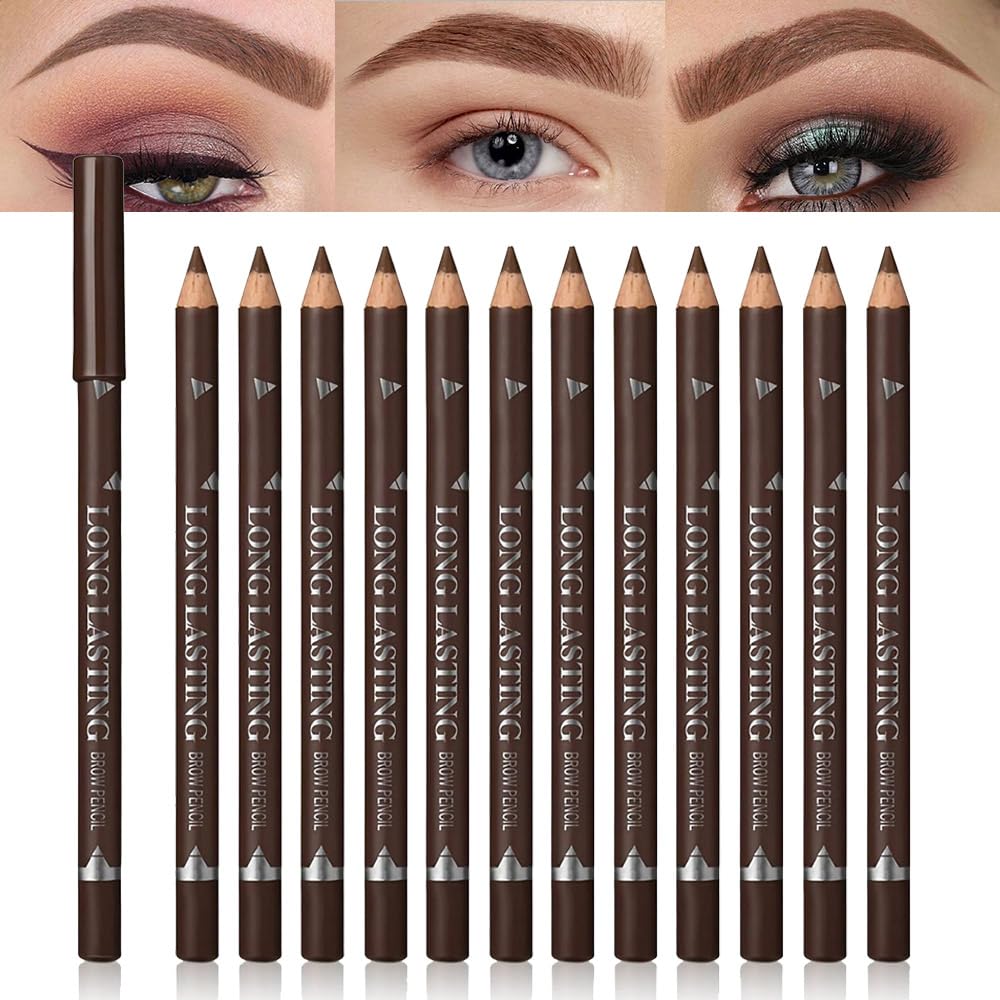 12Pcs Brown Eyebrow Pencil, Wooden Hard-Core Eyebrow Pencils, Eyebrow Pencil Medium Brown, Eyebrow And Eyeliner Pencils, Waterpr
