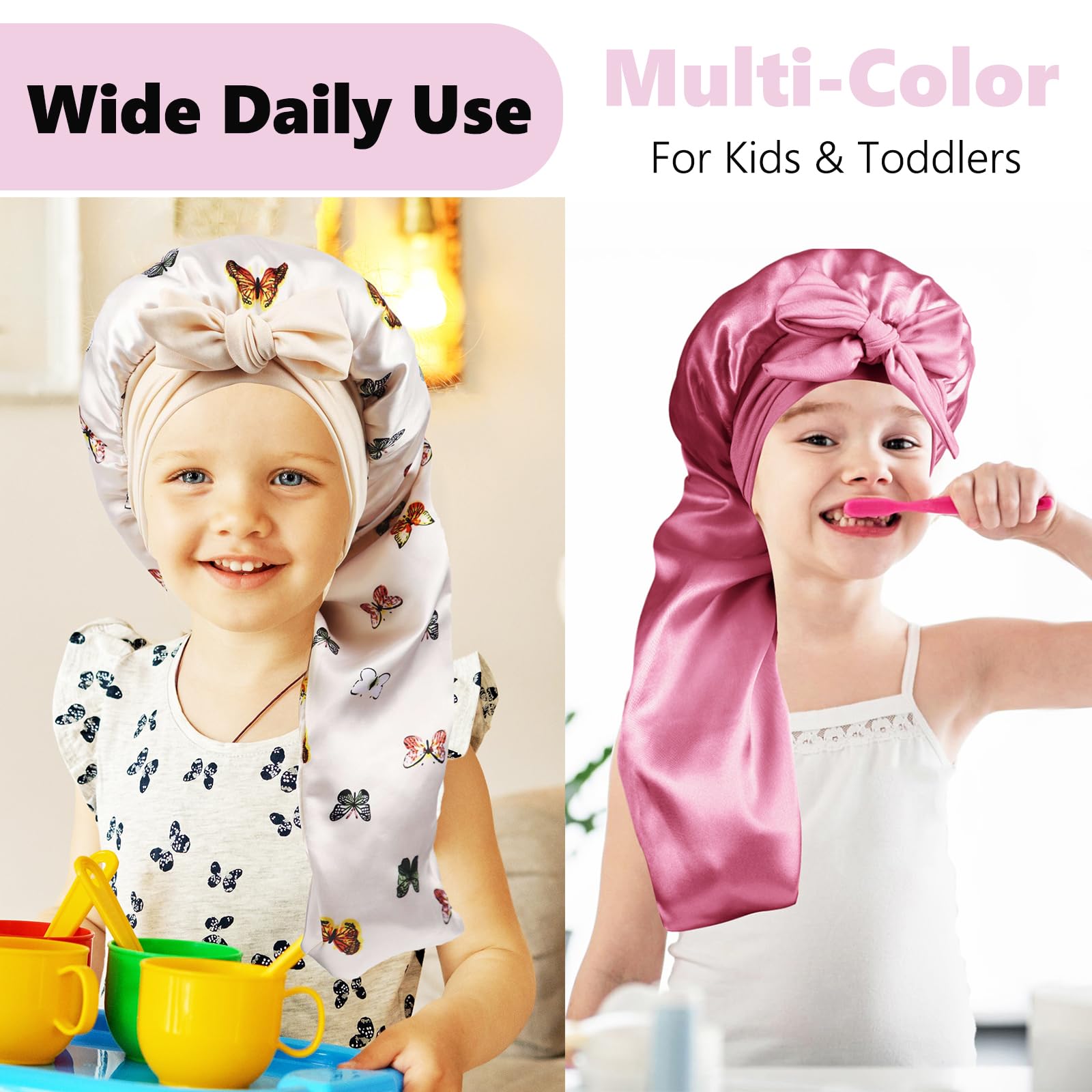 Long Kids Bonnets For Girls,Bonnet For Sleeping Kids,Satin Bonnet For Kids Braids,Curly Hair (Rose Gold)