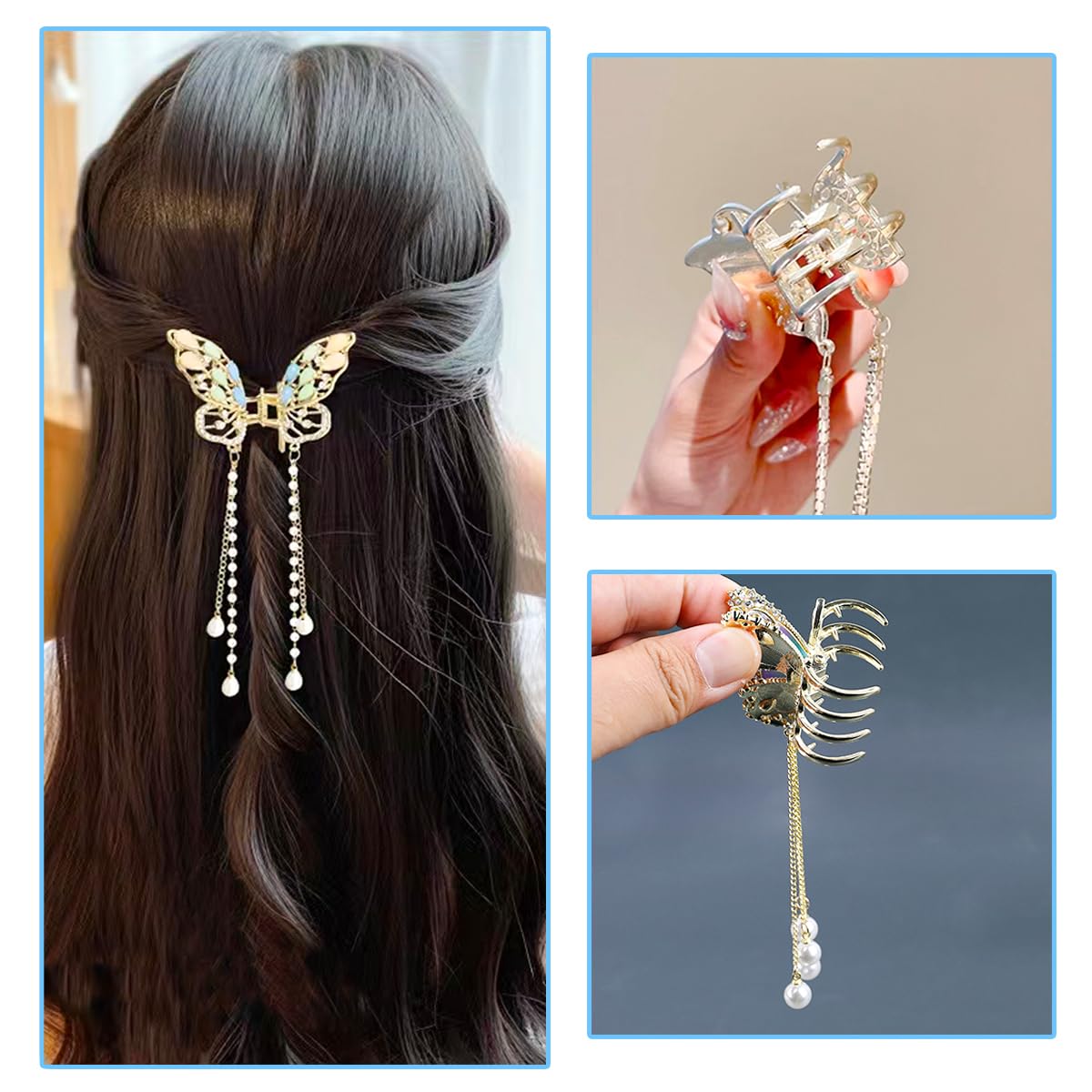 3 Pieces Butterfly Hair Claw Clip Butterfly Tassel Hair Clips Rhinestone Hair Claw Metal Hair Clips Exquisite Hair Clips Non Sli