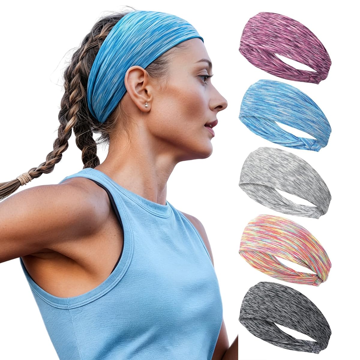 Maycreate 5Pcs Hair Bands For Women Yoga Bandanas Sports Hair Band Soft Elastic Head Band For Women Non Slip Wide Sweat Headband