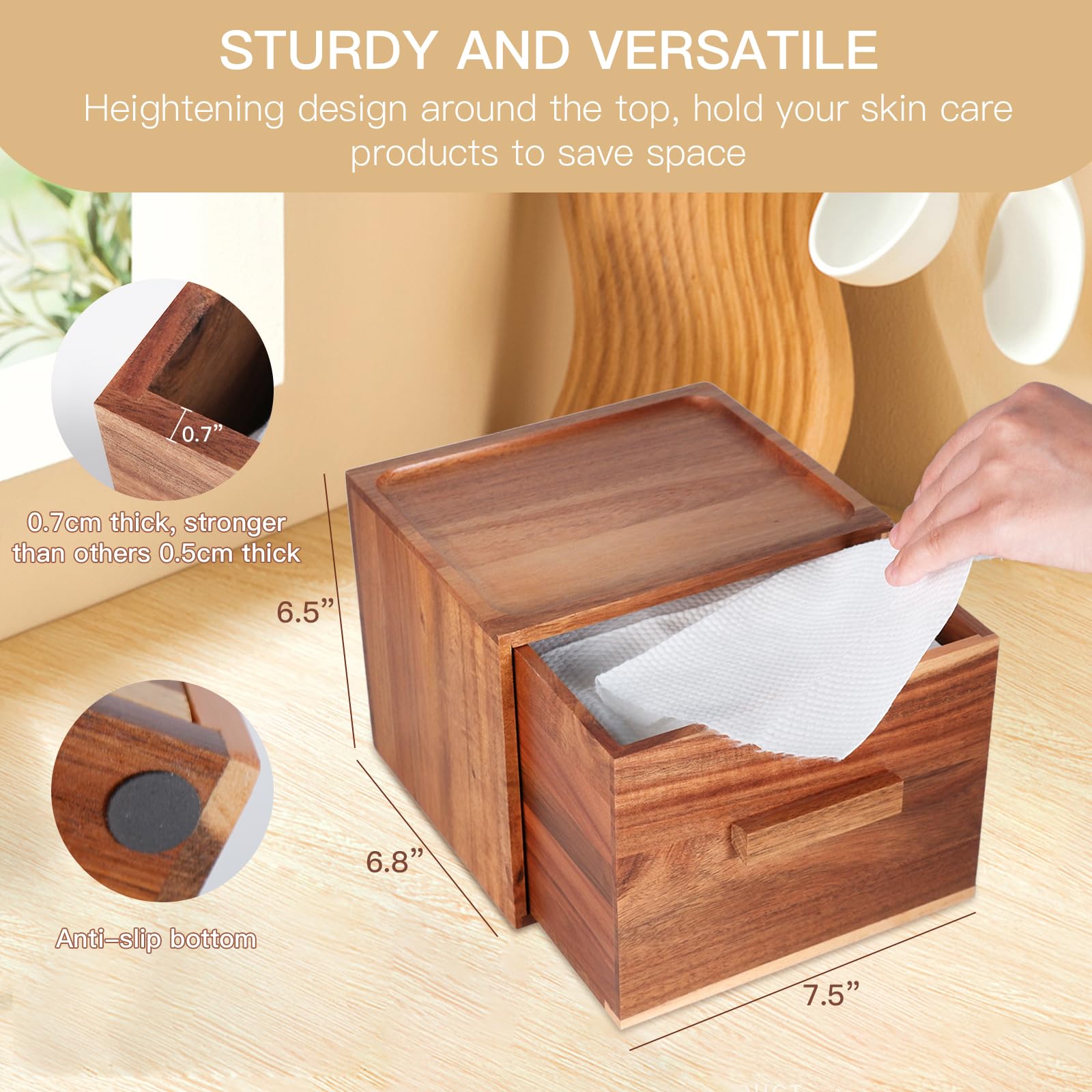 Disposable Face Towel Holder, Acacia Wooden Face Towel Container Compatible with Clea Skin Club Clean Towels XL, Drawer Storage