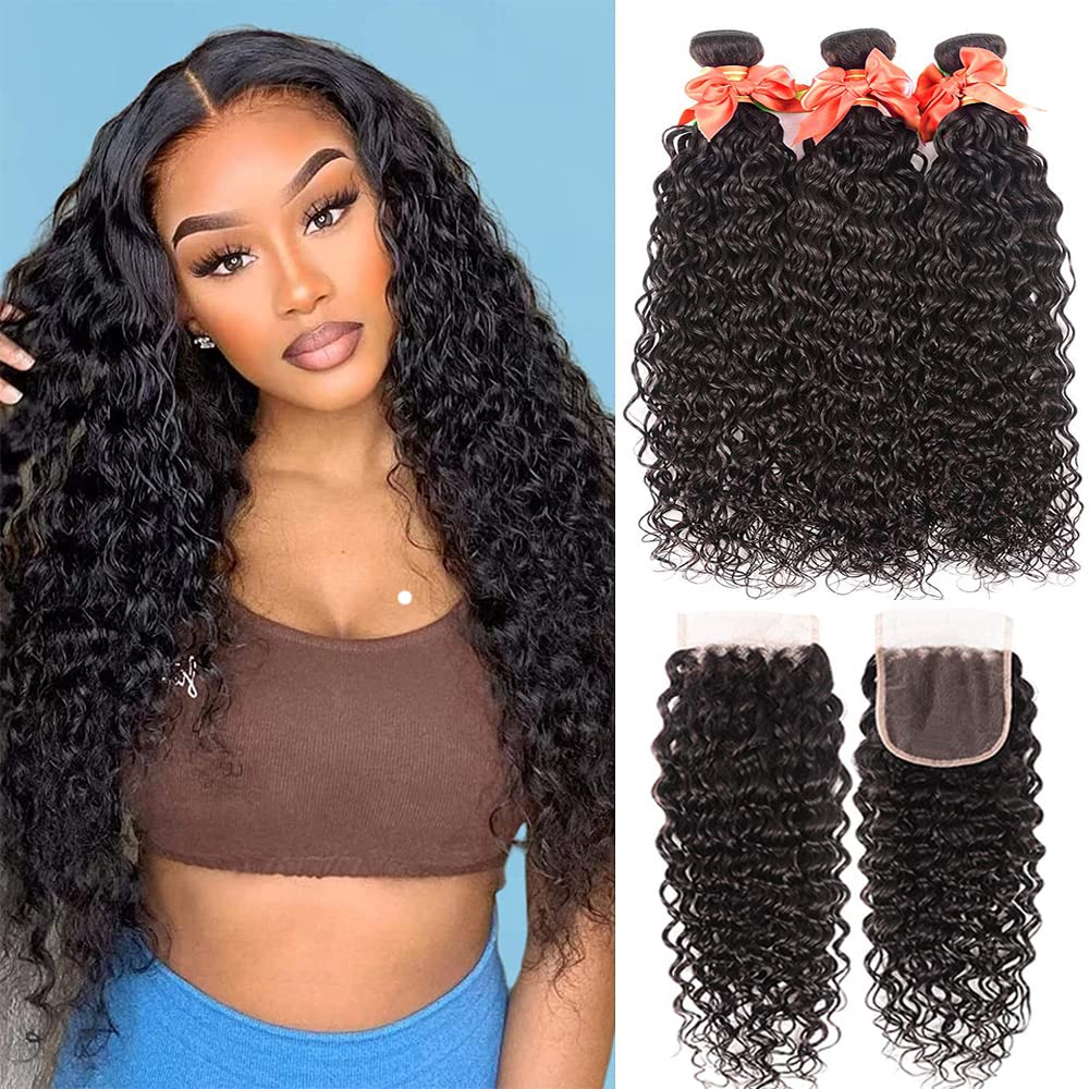 Water Wave Bundles With Closure 10A Wet And Wavy Human Hair Bundles With 4X4 Lace Closure Brazilian Virgin Hair Lace Closure And