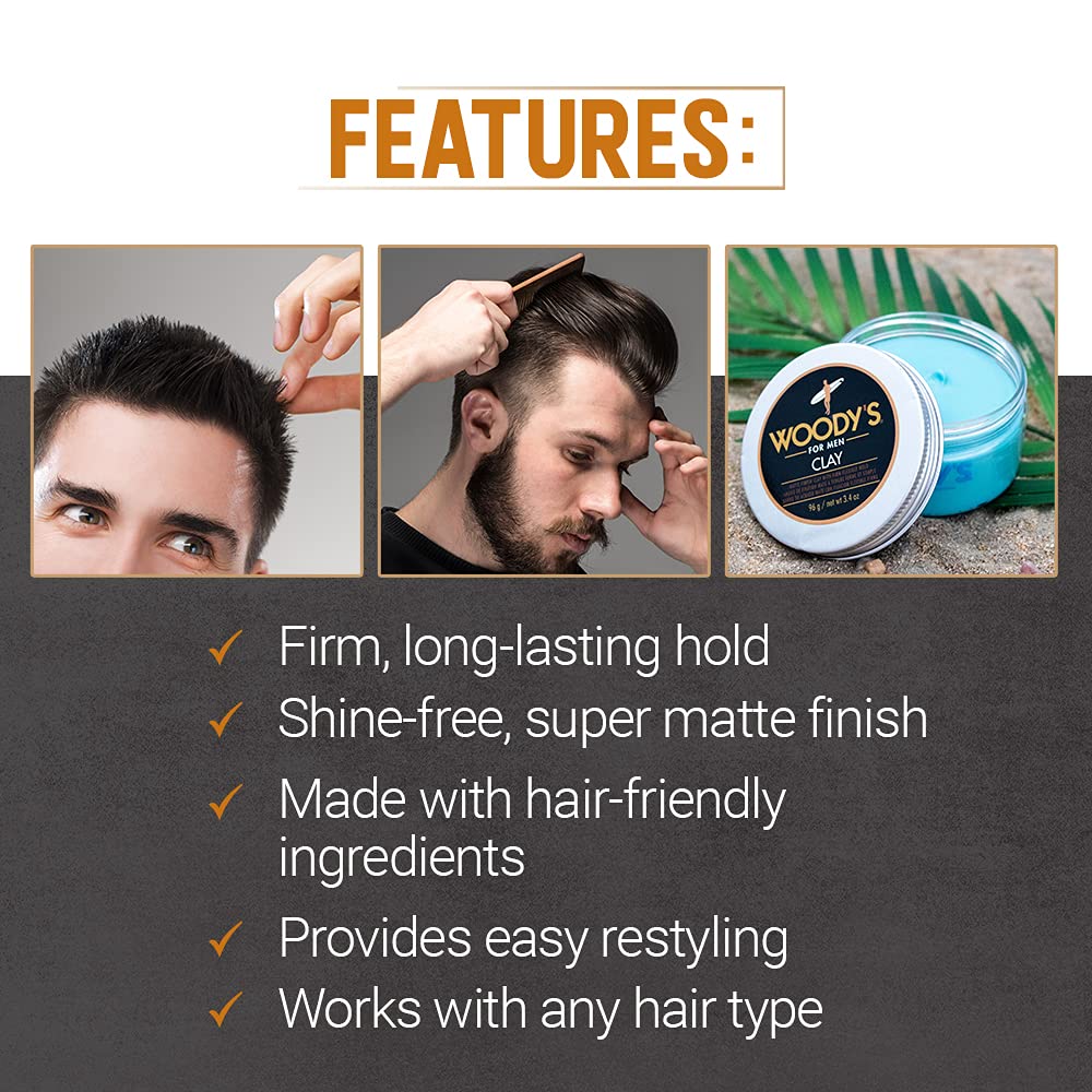 Woodys Clay For Men, Matte Finish With Firm And Flexible Hold, Adds Thickness And Texture, Keeps Hair Moisturized And Protected,