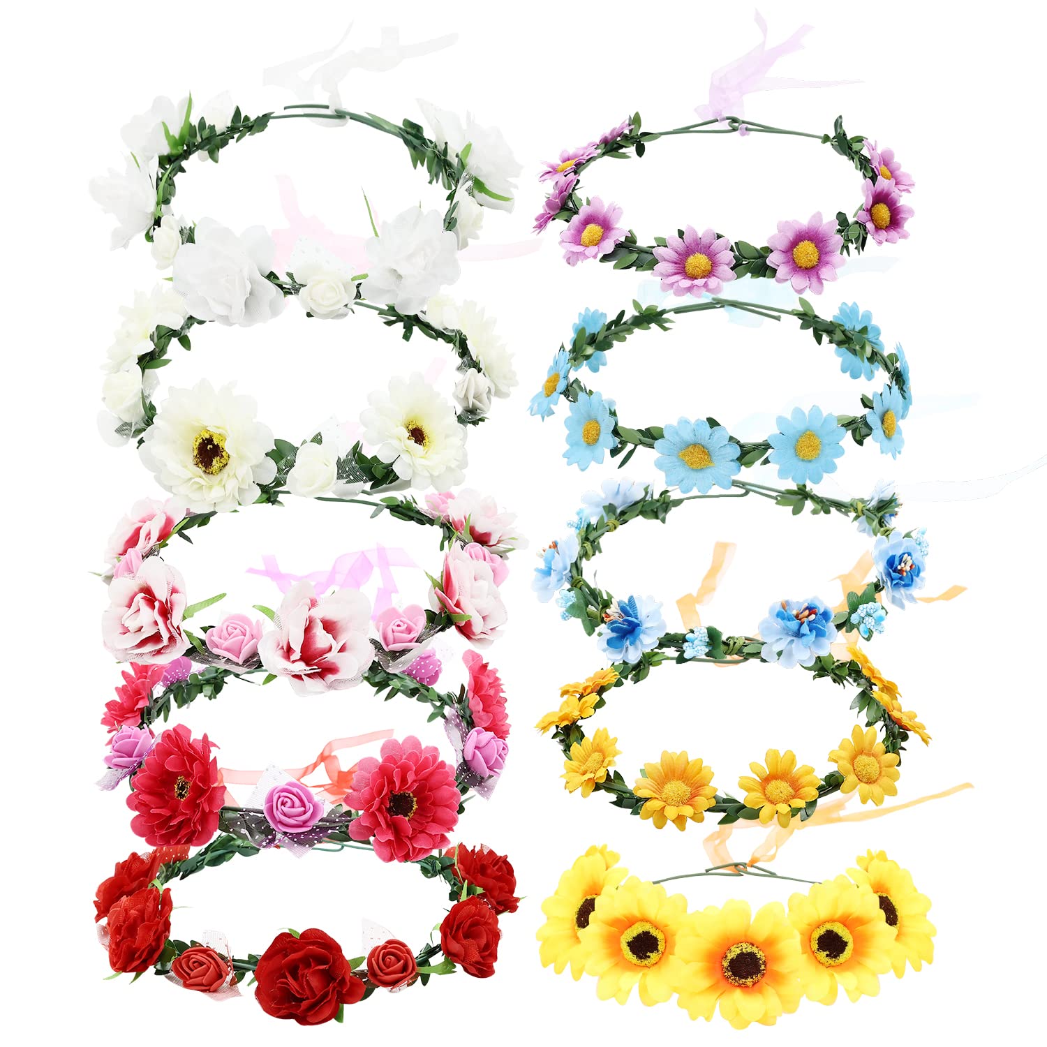Lawie 10 Pack Boho Sunflower Daisy Rose Flower Crowns Floral Leaf Wreath With Ribbon Halo Headbands Hair Garland Bridal Headpiec