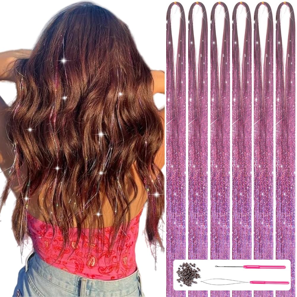 MISSUHUI Hair Tinsel with Tools 47Inch 1200 Strands Hair Tinsel Kit Glitter Hair Extensions Sparkling Shiny Hair Extensions Fair