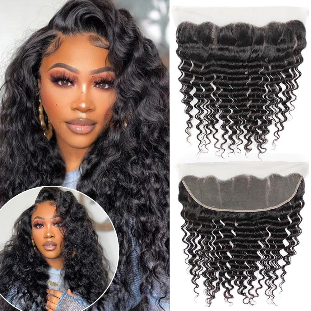 Qthair 10A Ear To Ear 13X4 Deep Wave Frontal Closure Brazilian Hair(18'',Natural Black) Brazilian Deep Wave Frontal Closure Top