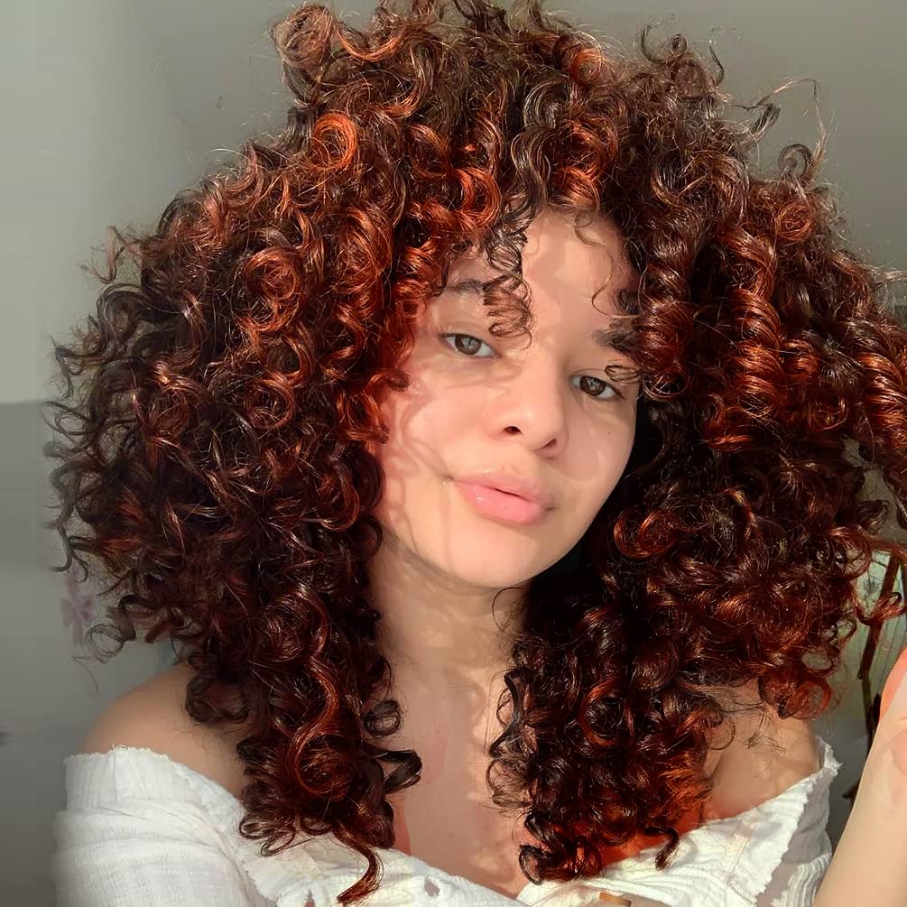 YEAME Curly Wigs for Black Women - Curly Afro Wig with Bangs Orange Mixed Brown Synthetic Hair Afro Curly Wigs with 1 Wig Comb a