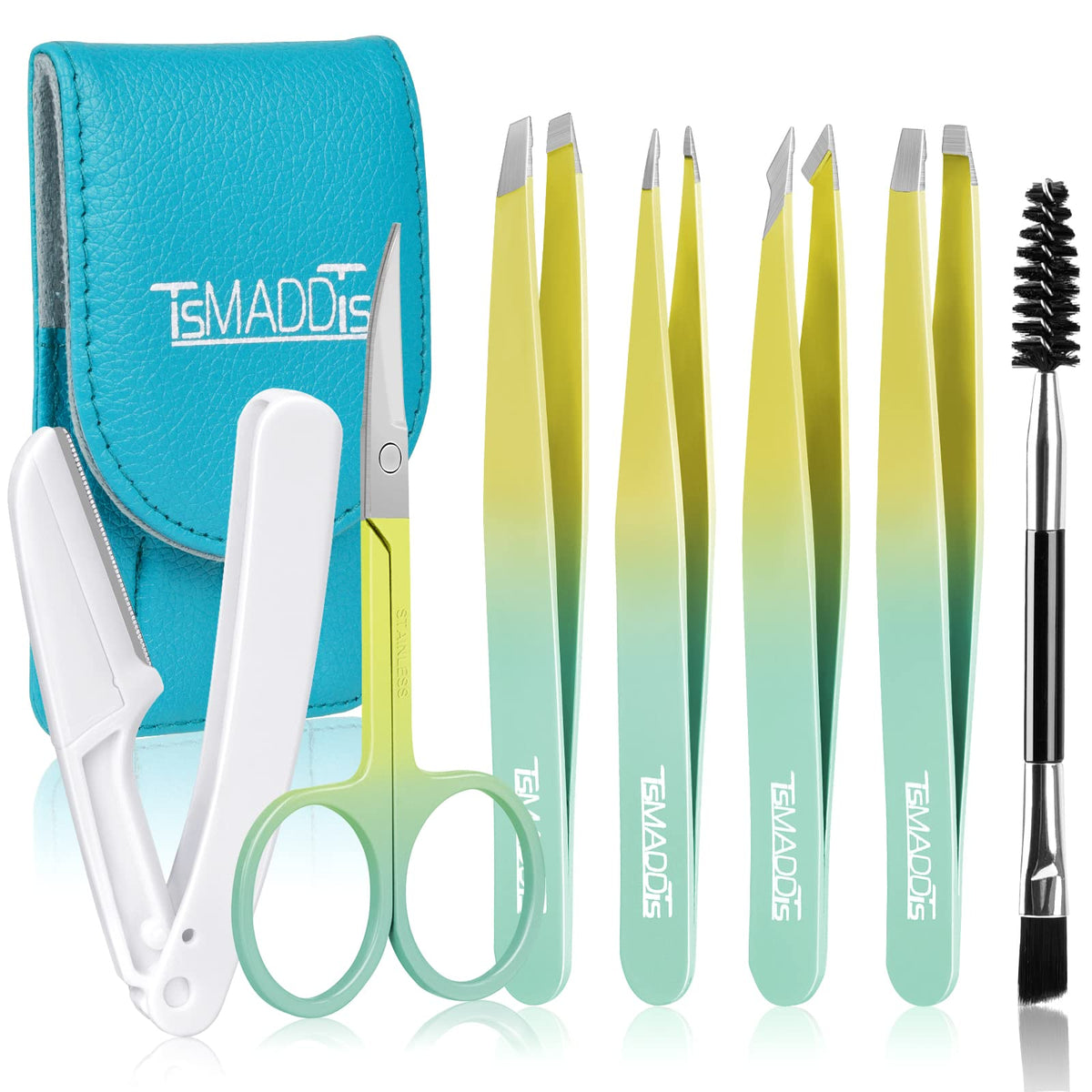 Eyebrow Tweezer Set, TsMADDTs 7 Pcs Tweezers Set for Women, Precision Tweezer for Eyebrows with Curved Scissors and Eyebrow Razo
